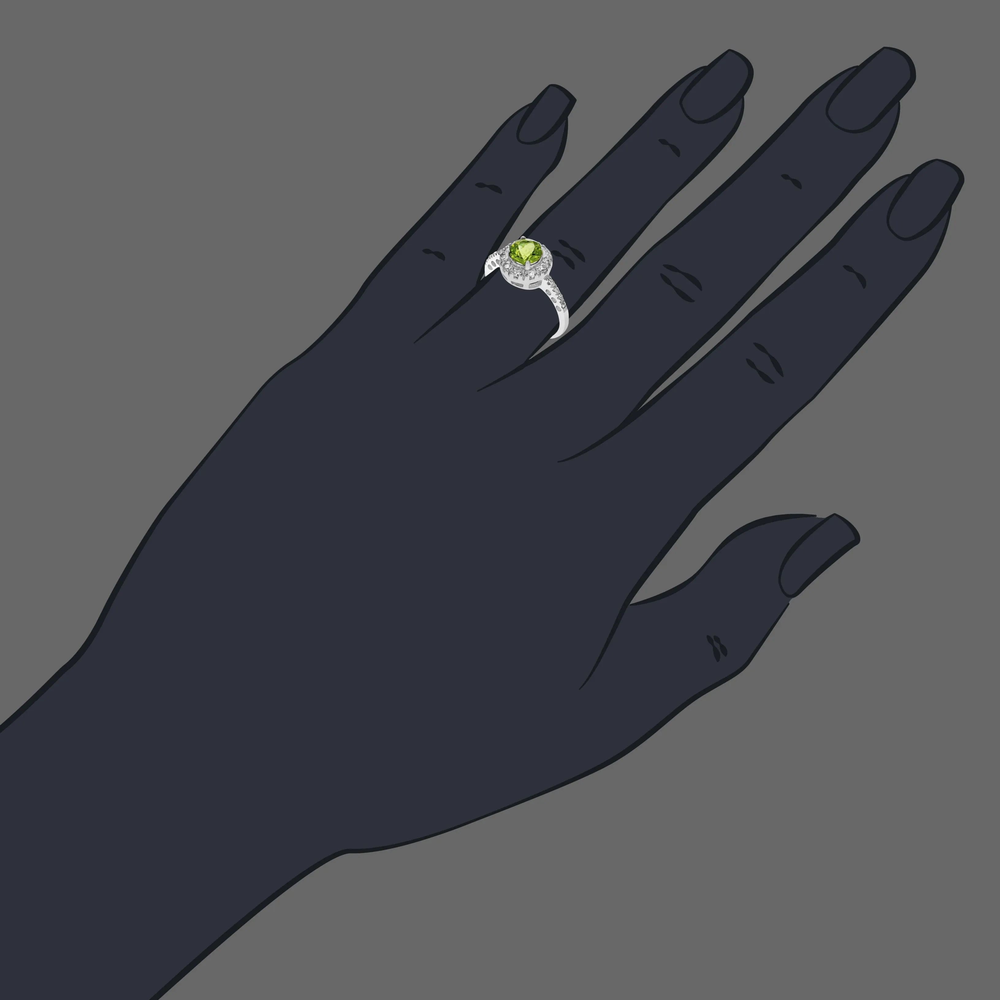 0.65 cttw Peridot Ring .925 Sterling Silver with Rhodium Plating Halo Round 6 MM