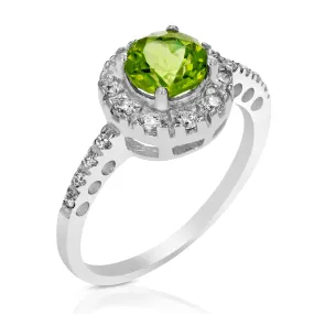 0.65 cttw Peridot Ring .925 Sterling Silver with Rhodium Plating Halo Round 6 MM