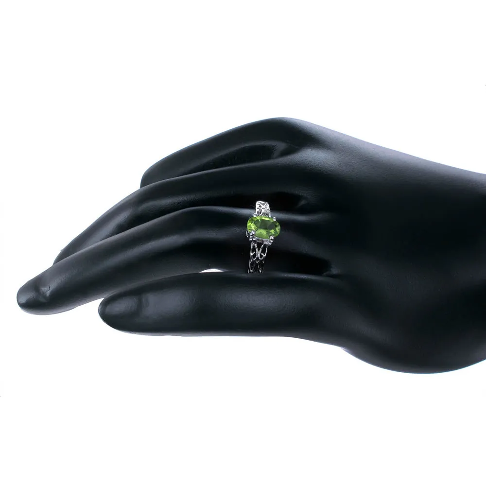 0.70 cttw Peridot Ring .925 Sterling Silver with Rhodium and Filigree Oval Shape