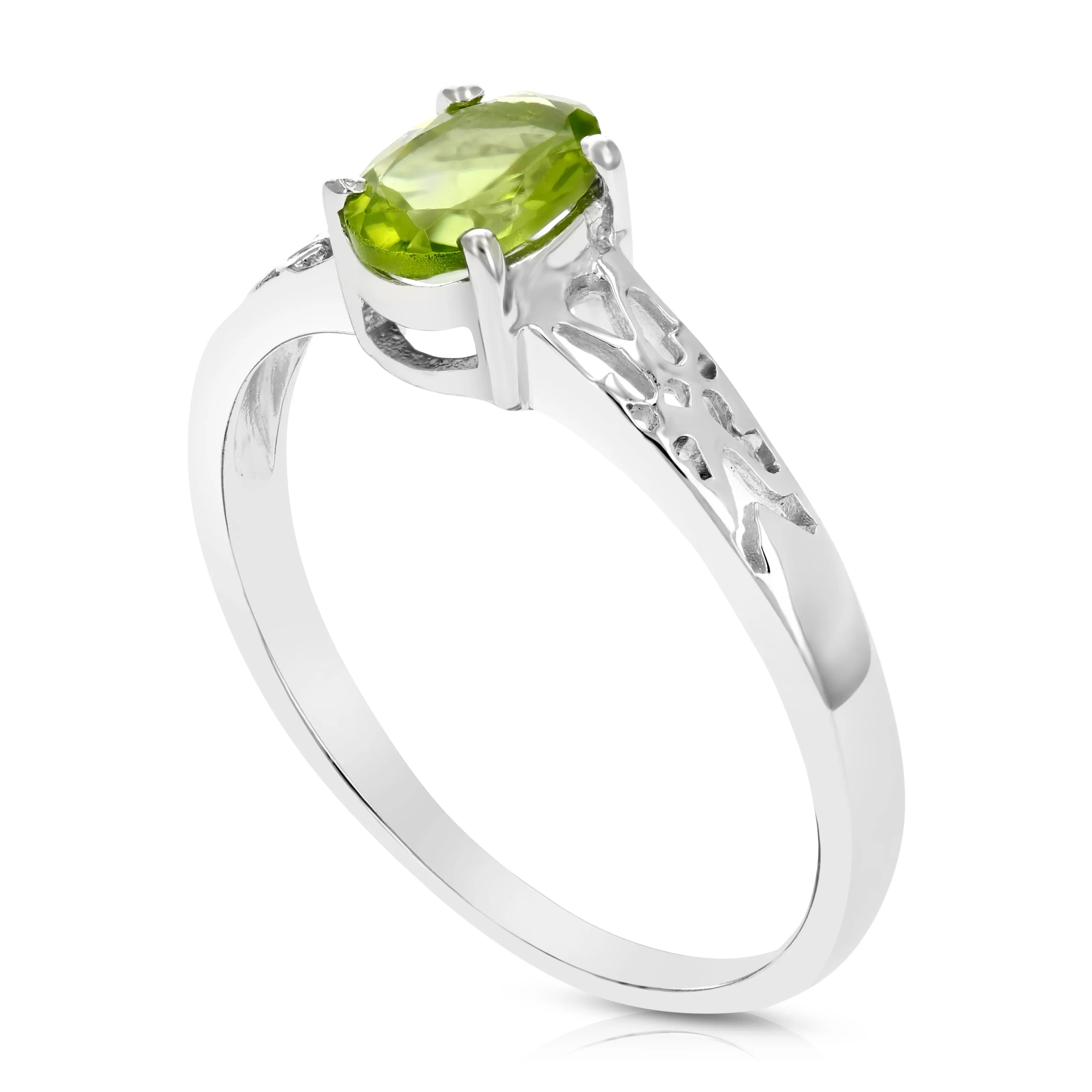 0.70 cttw Peridot Ring .925 Sterling Silver with Rhodium and Filigree Oval Shape