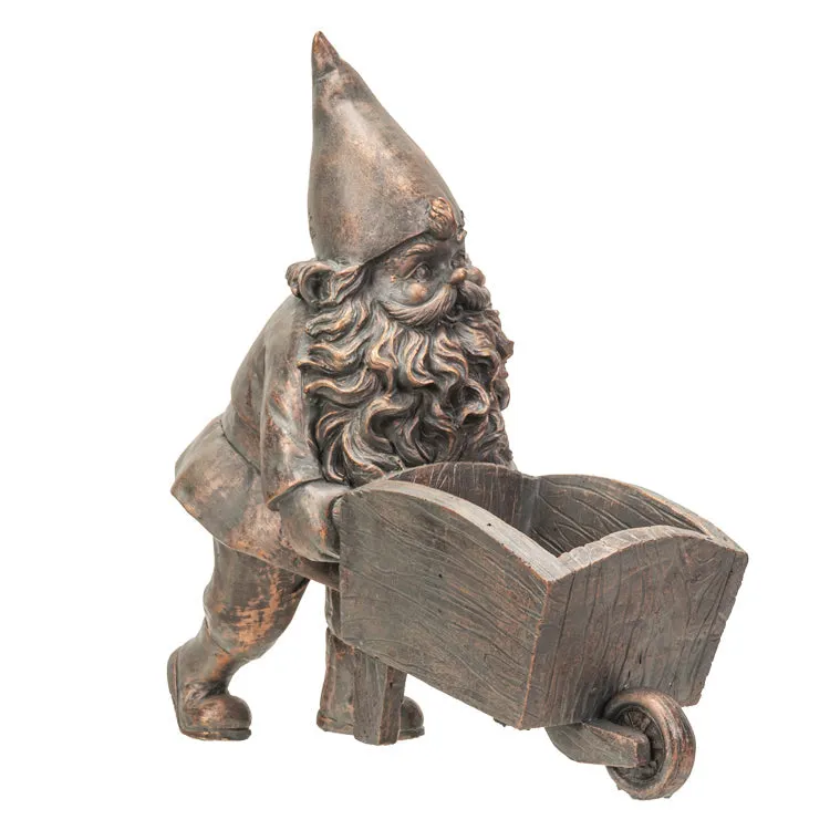 10.6" Gnome Statue - Bronze Gnome with Wheelbarrow Planter