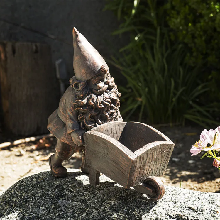 10.6" Gnome Statue - Bronze Gnome with Wheelbarrow Planter