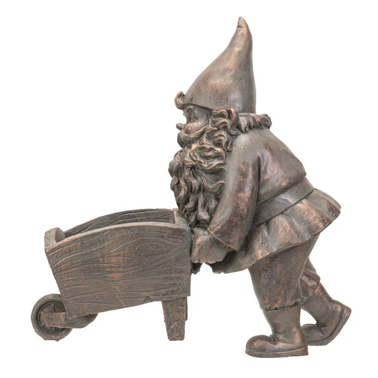 10.6" Gnome Statue - Bronze Gnome with Wheelbarrow Planter