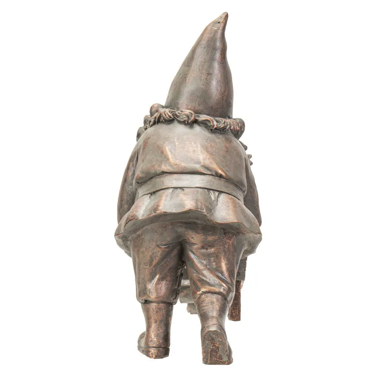 10.6" Gnome Statue - Bronze Gnome with Wheelbarrow Planter