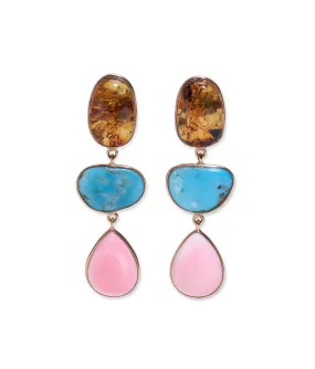 14k Gold Amber, Turquoise & Pink Opal Earrings