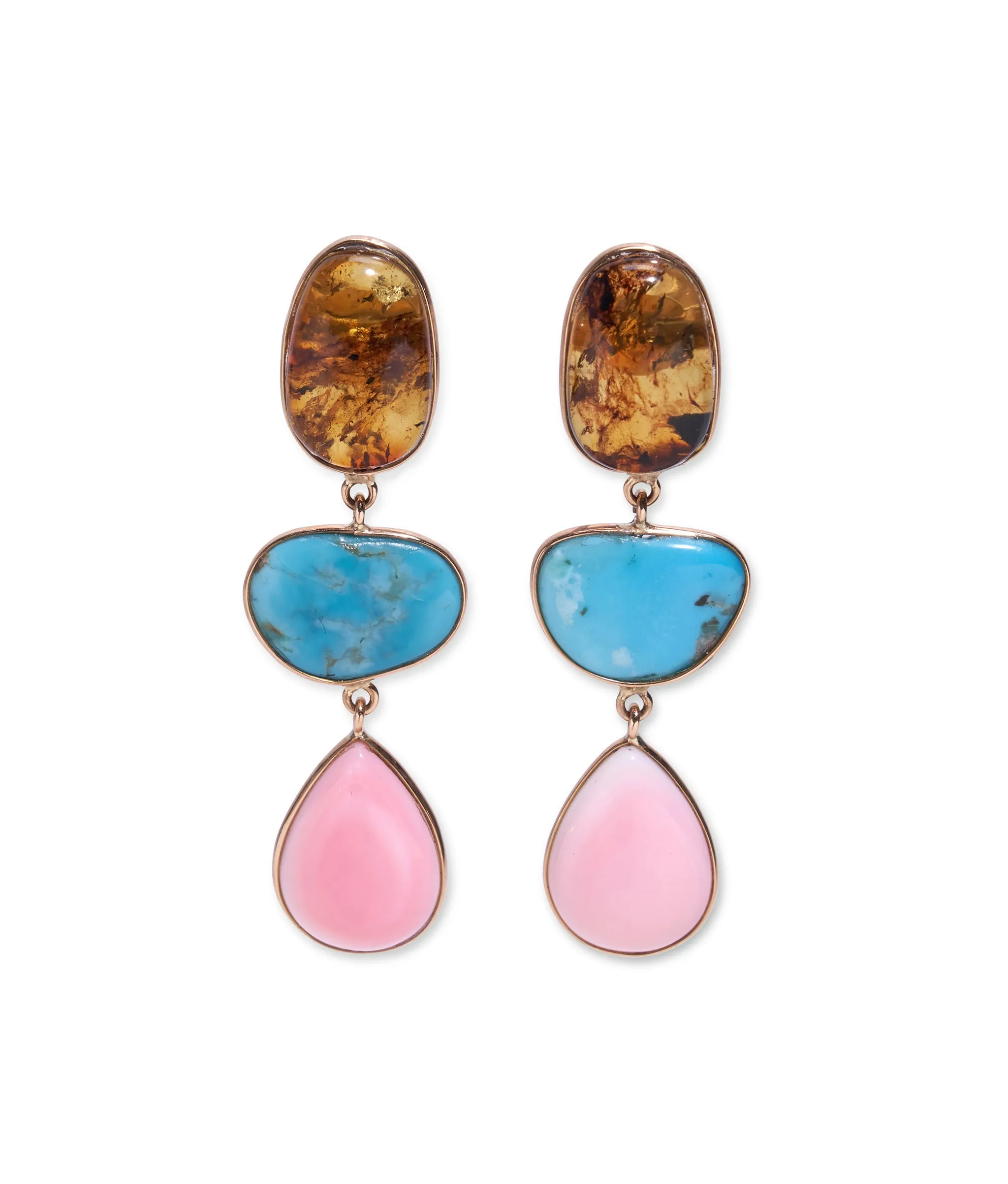 14k Gold Amber, Turquoise & Pink Opal Earrings