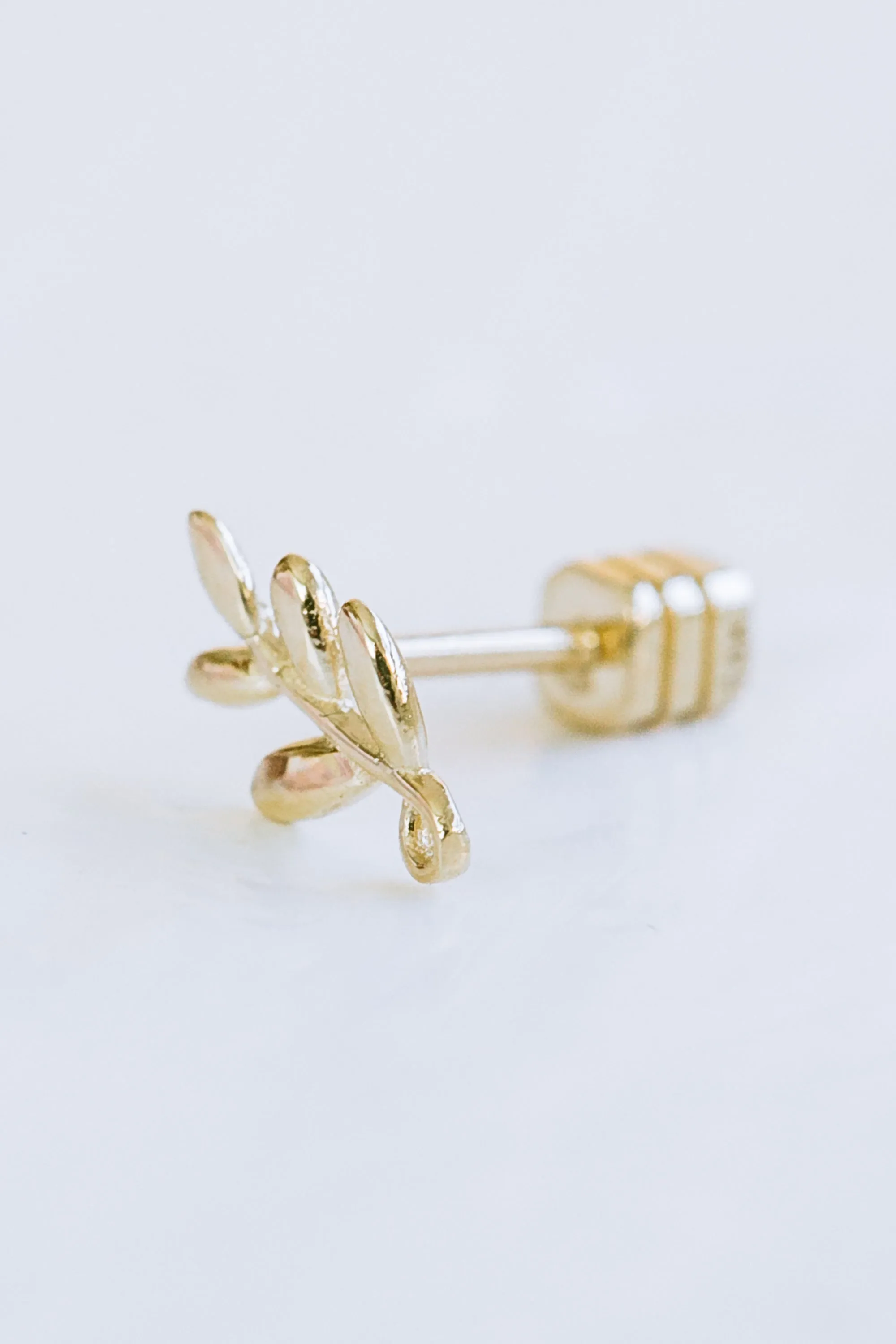 14K GOLD JEWELRY MINIMALIST DELICATE SIMPLE LEAF BARBELL EAR STUD EARRING PIERCING