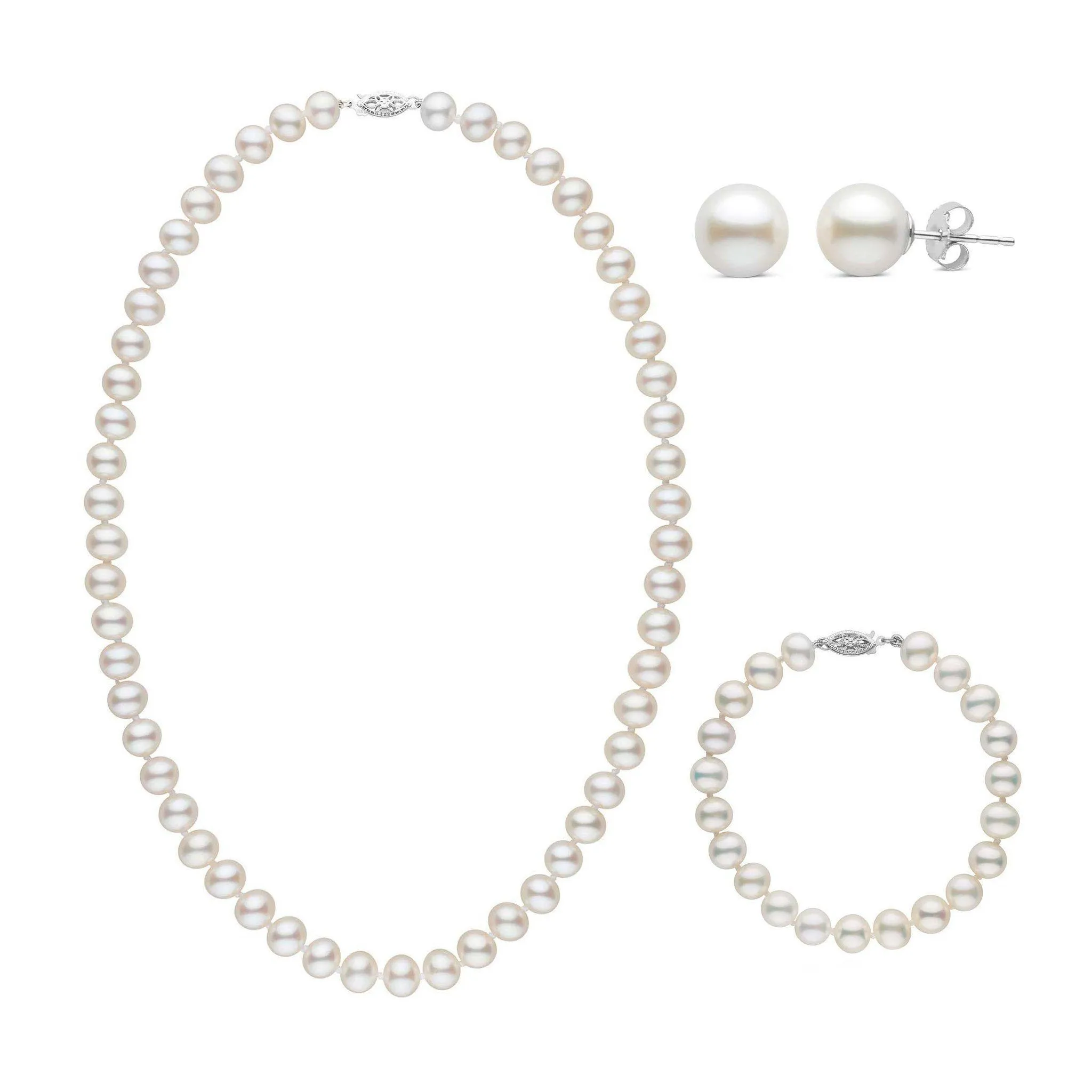 18 Inch 3 Piece Set of 7.5-8.0 mm AA  White Freshwater Pearls