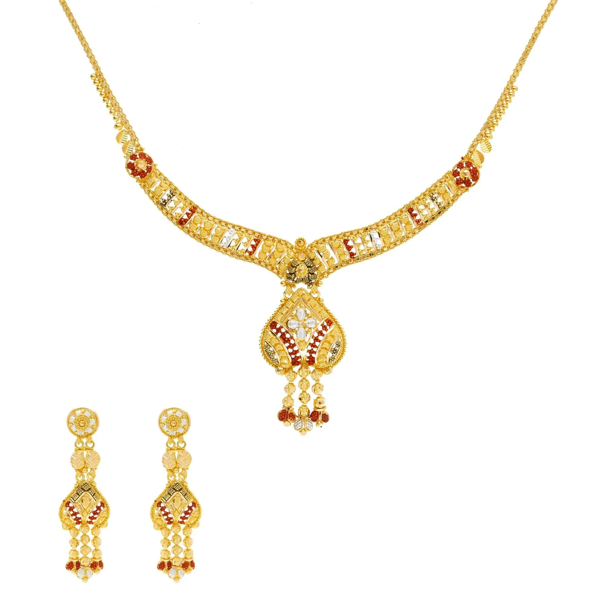 22K Yellow Gold Meenakari Necklace & Earring Set