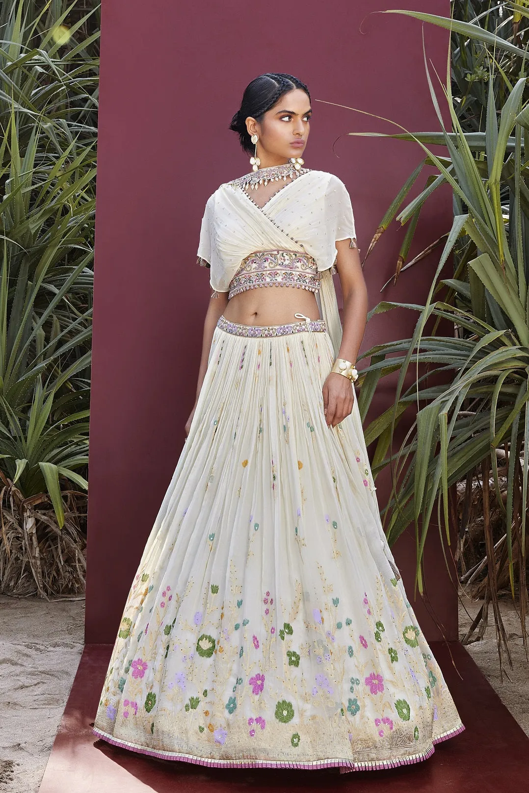 310073 Off White Embroidered Contemporary Georgette Lehenga