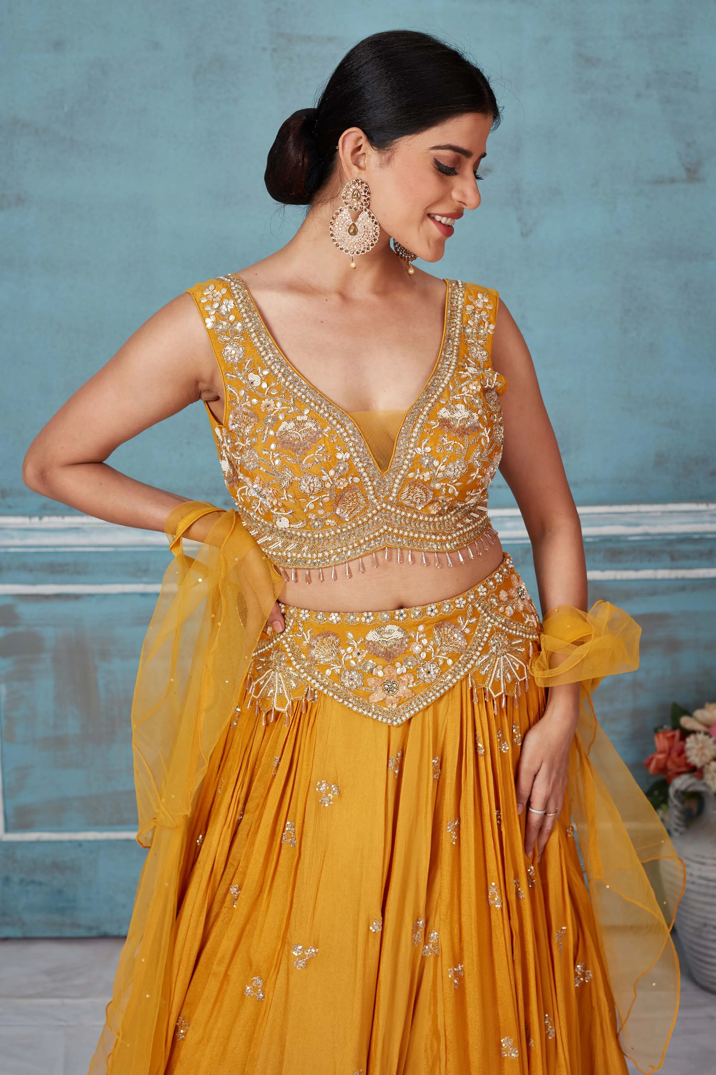 32A033 Mustard Hand Embroidered Georgette Lehenga With Dupatta