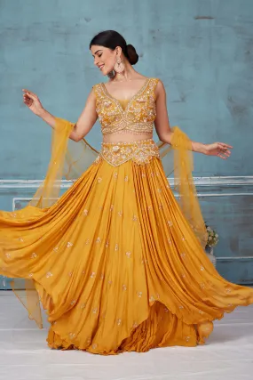 32A033 Mustard Hand Embroidered Georgette Lehenga With Dupatta