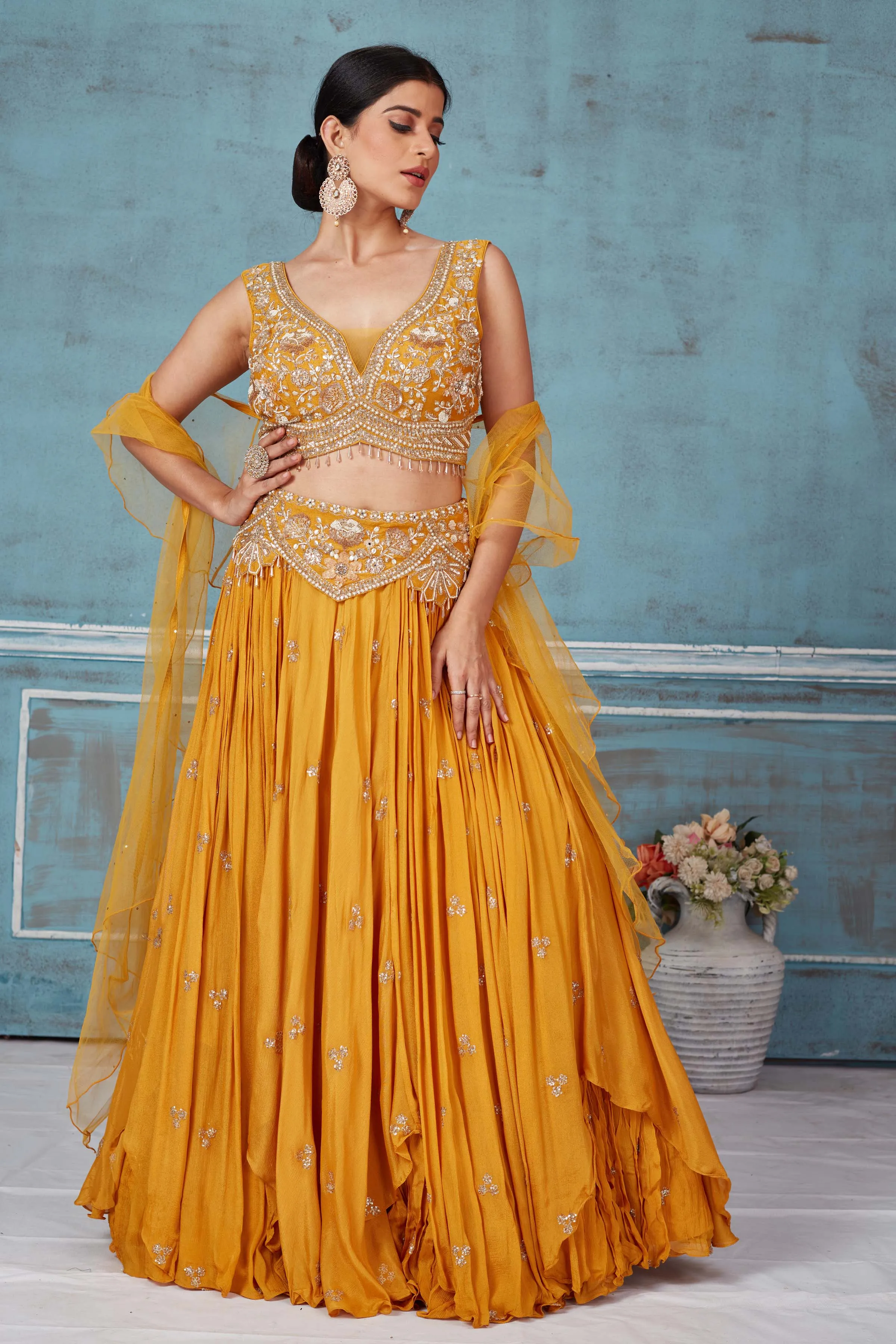 32A033 Mustard Hand Embroidered Georgette Lehenga With Dupatta