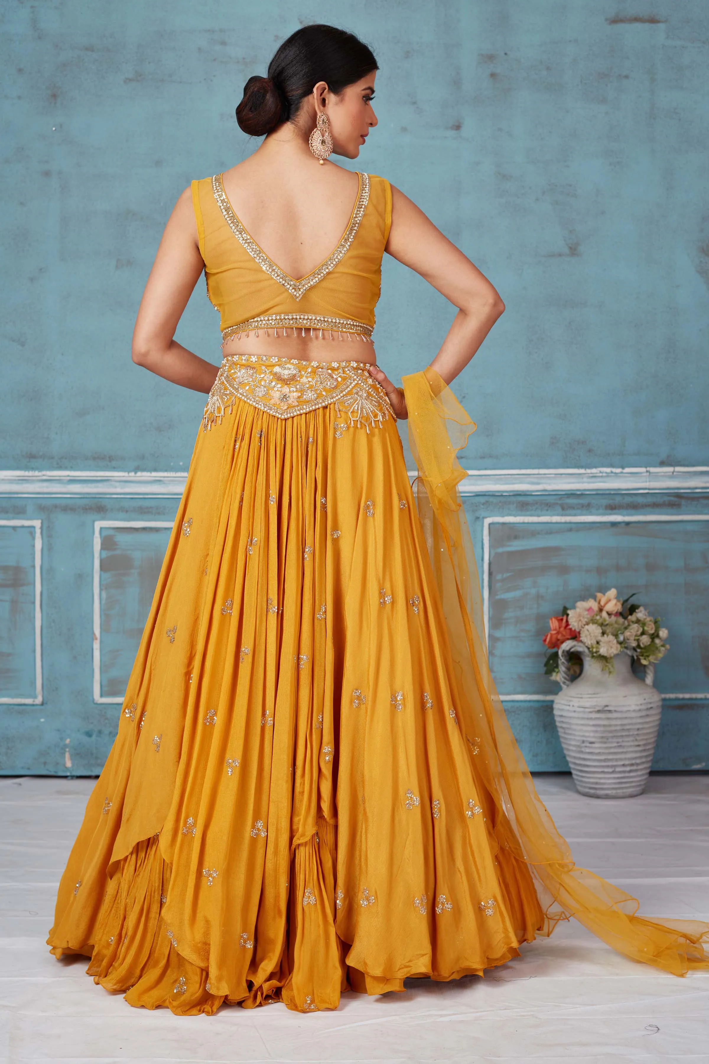 32A033 Mustard Hand Embroidered Georgette Lehenga With Dupatta