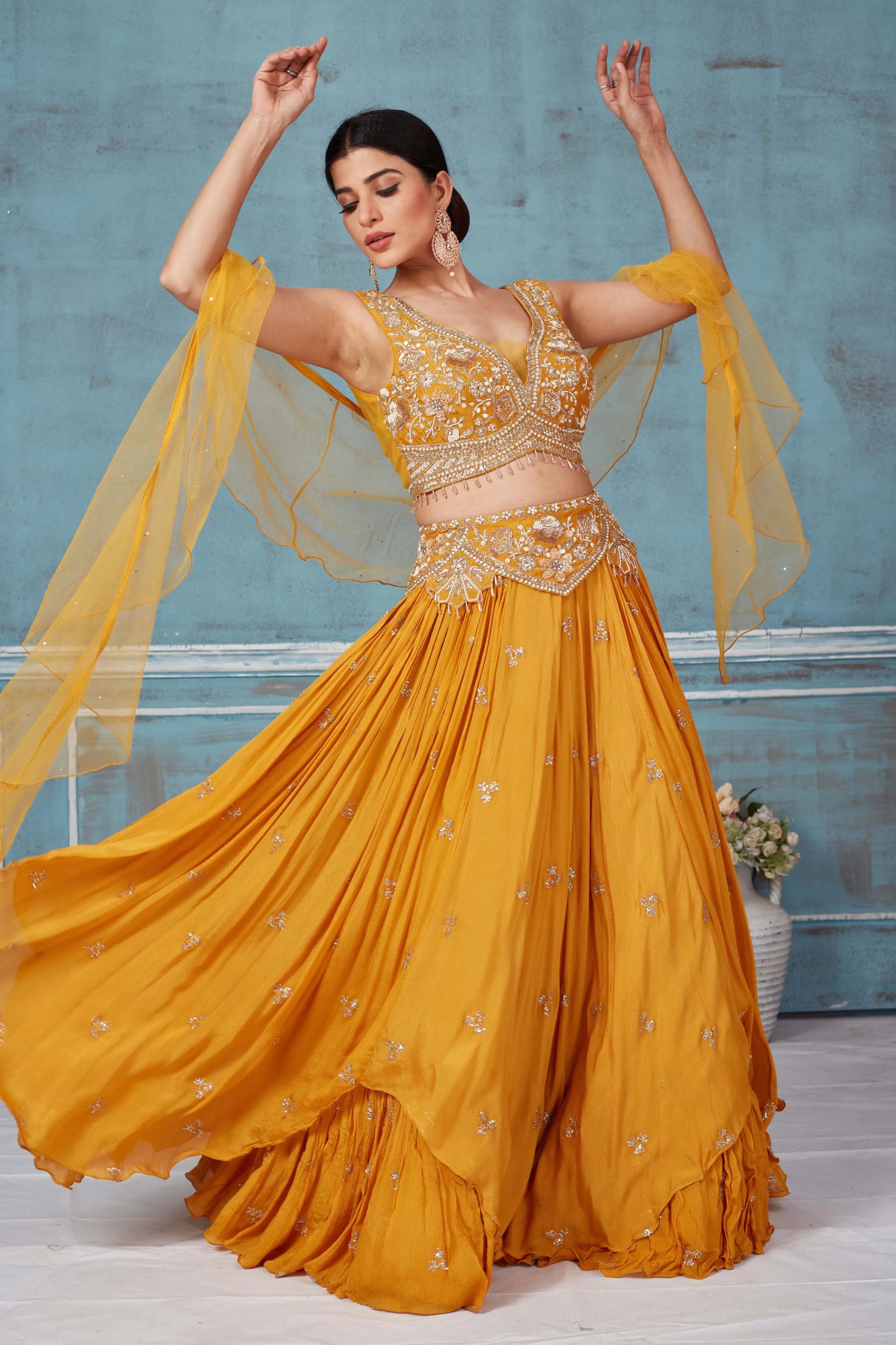 32A033 Mustard Hand Embroidered Georgette Lehenga With Dupatta