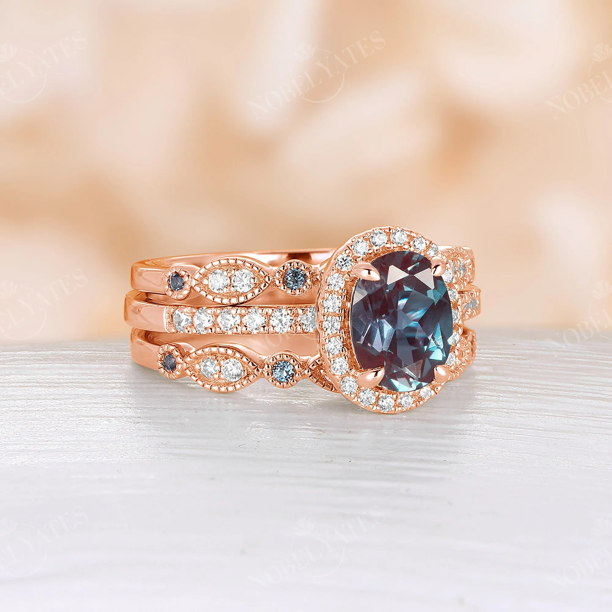 3PCS Oval Cut Lab Alexandrite Rose Gold Halo & Pave Engagement Ring Set