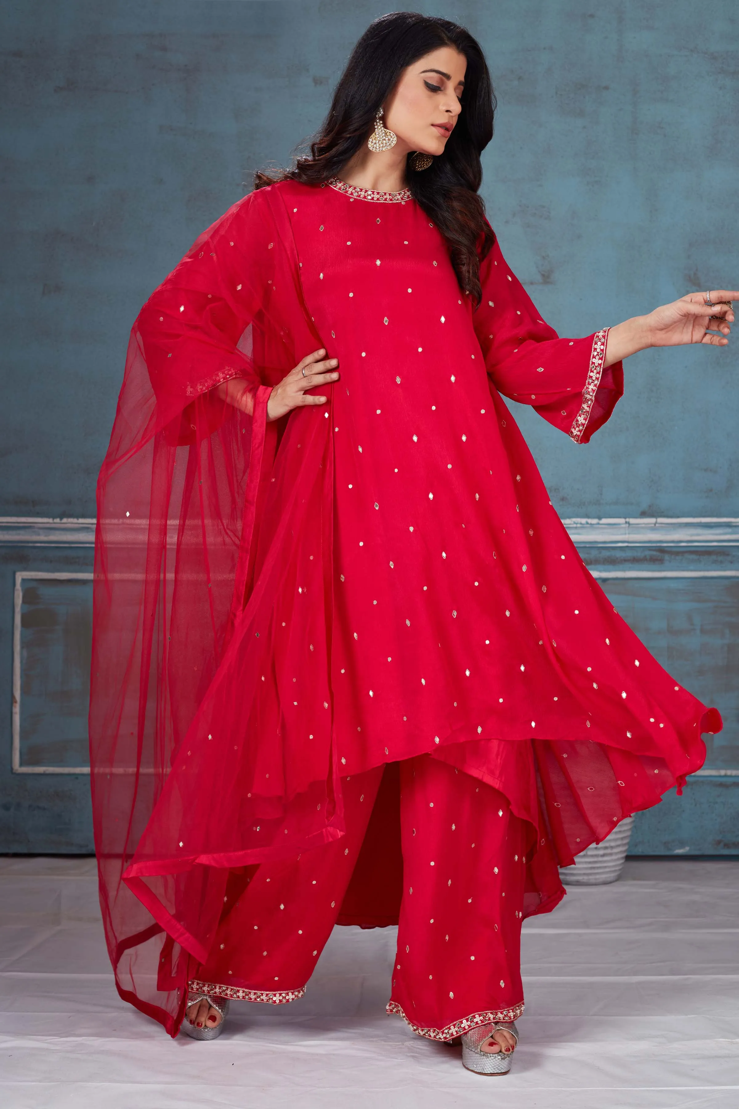 52A154 Red Embroidered Crepe Kaftan Suit With Dupatta