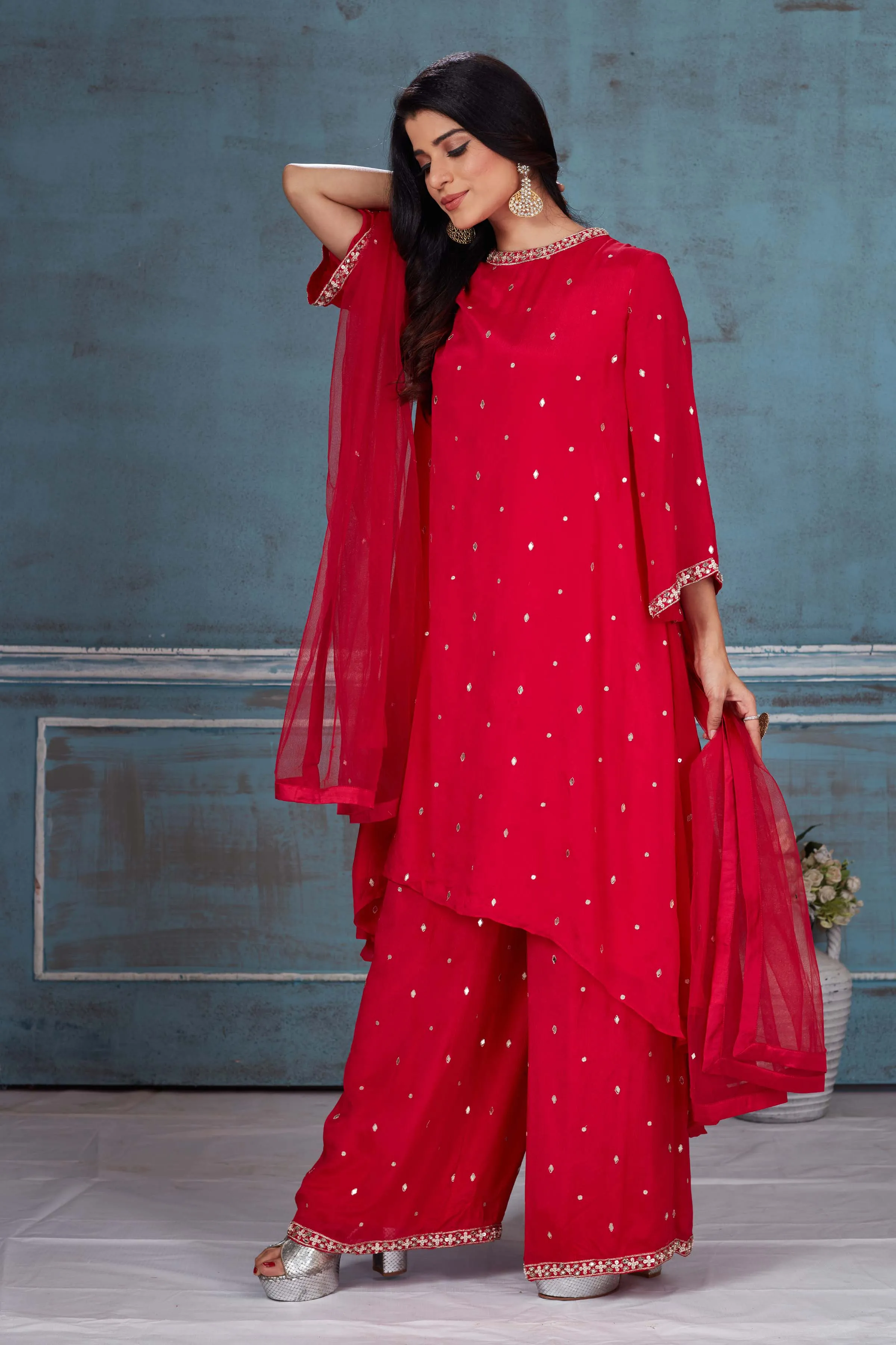 52A154 Red Embroidered Crepe Kaftan Suit With Dupatta