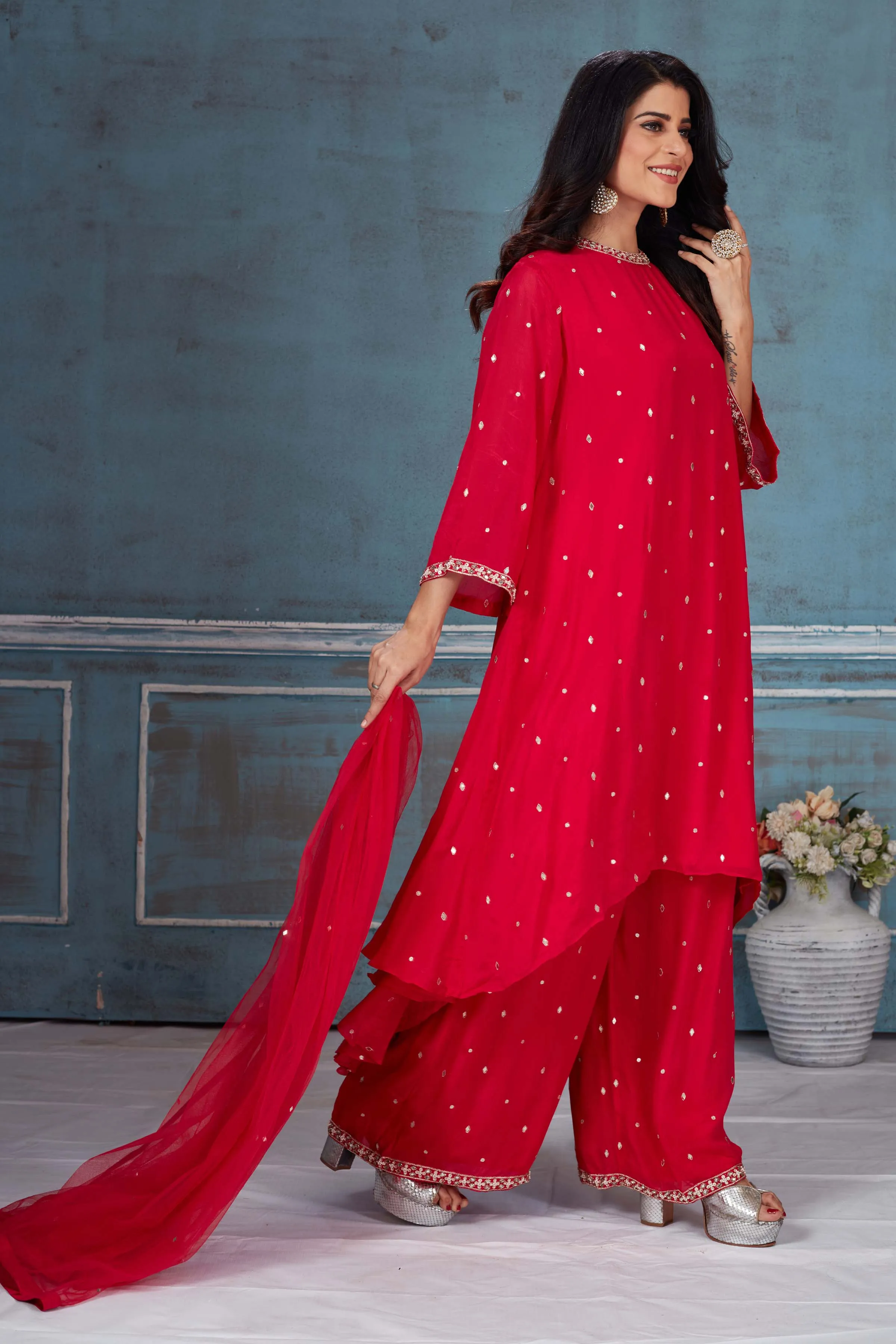 52A154 Red Embroidered Crepe Kaftan Suit With Dupatta