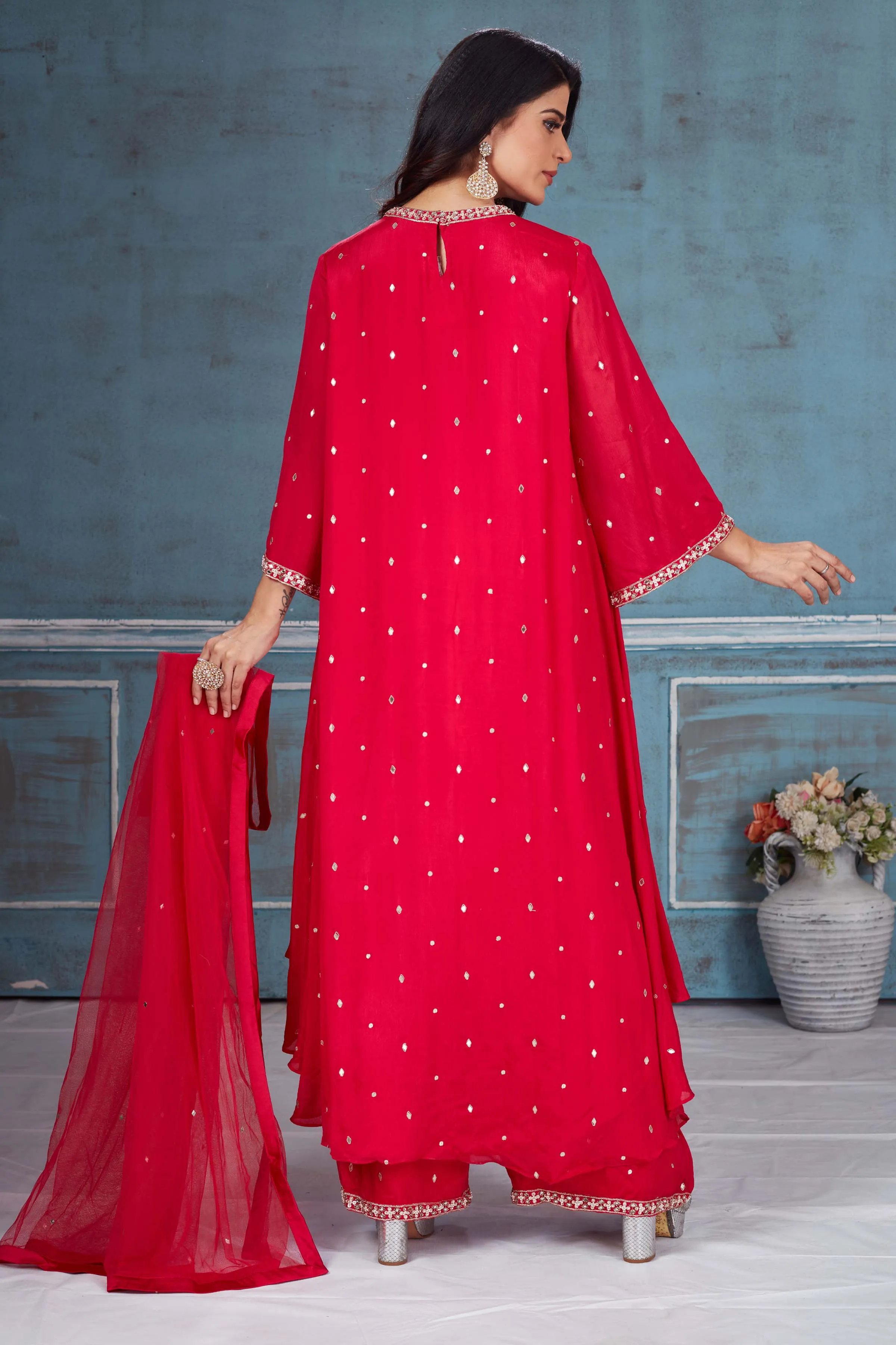 52A154 Red Embroidered Crepe Kaftan Suit With Dupatta