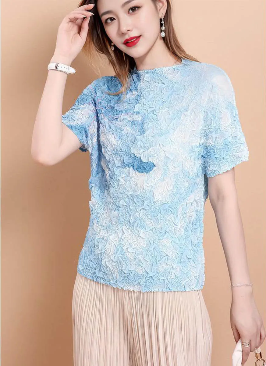 6240033 Floral Printed Pleated Top *Blue