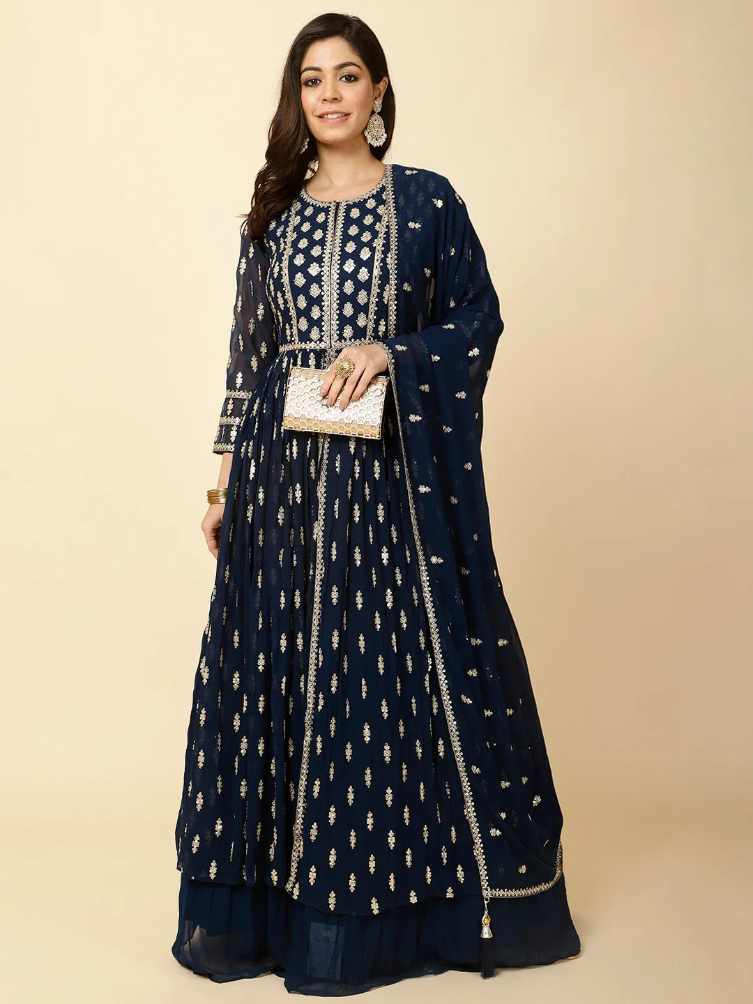 All Over Sequence Work Georgette Kurta With Skirt & Dupatta