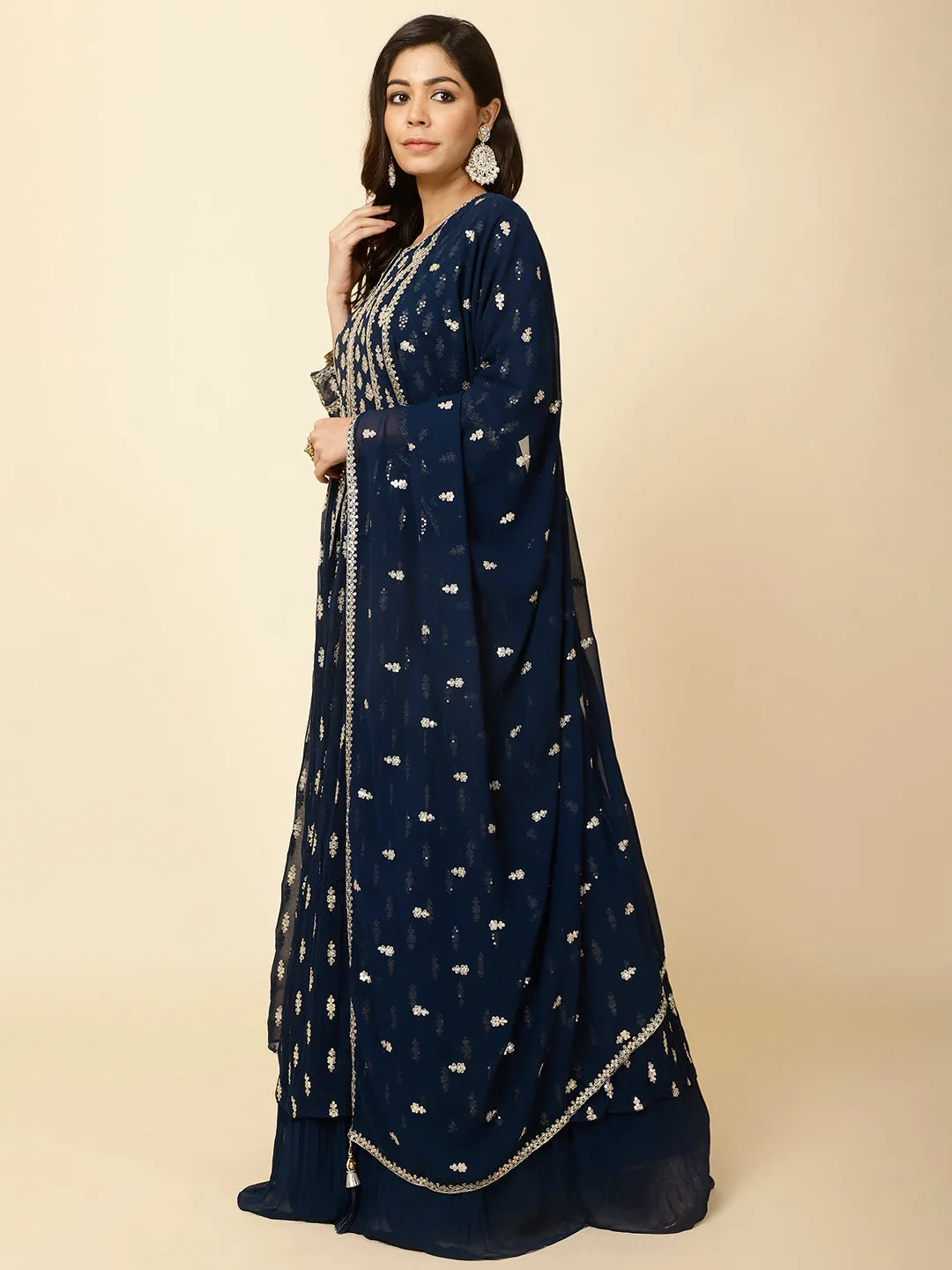 All Over Sequence Work Georgette Kurta With Skirt & Dupatta