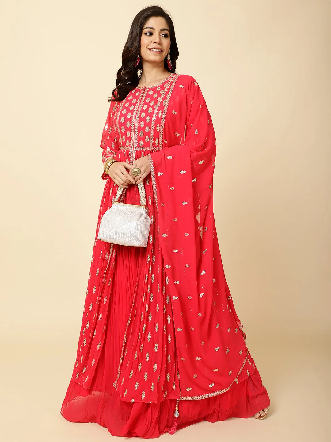 All Over Sequence Work Georgette Kurta With Skirt & Dupatta