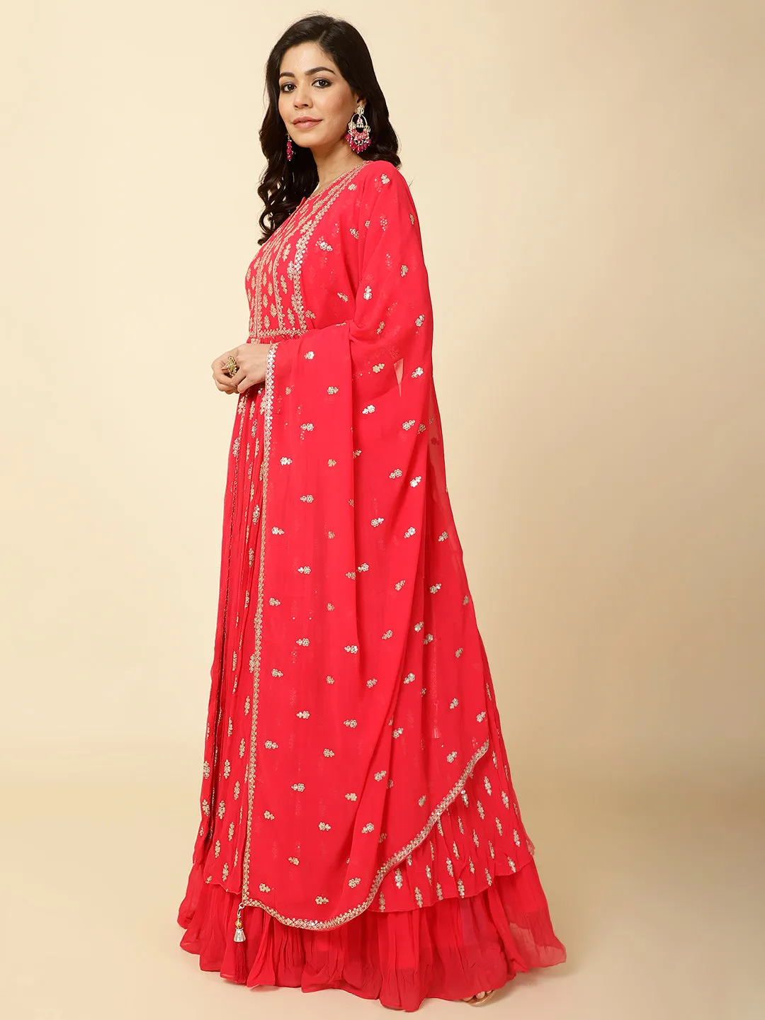 All Over Sequence Work Georgette Kurta With Skirt & Dupatta