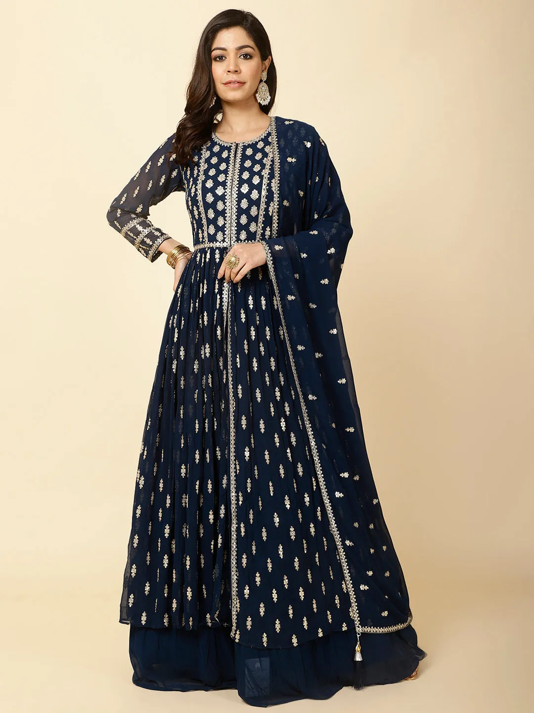 All Over Sequence Work Georgette Kurta With Skirt & Dupatta