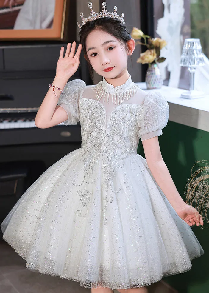 Beautiful Champagne Stand Collar Sequins Tulle Kids Mid Dresses Summer XZ037