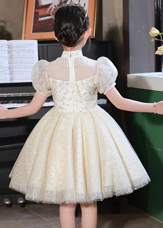 Beautiful Champagne Stand Collar Sequins Tulle Kids Mid Dresses Summer XZ037