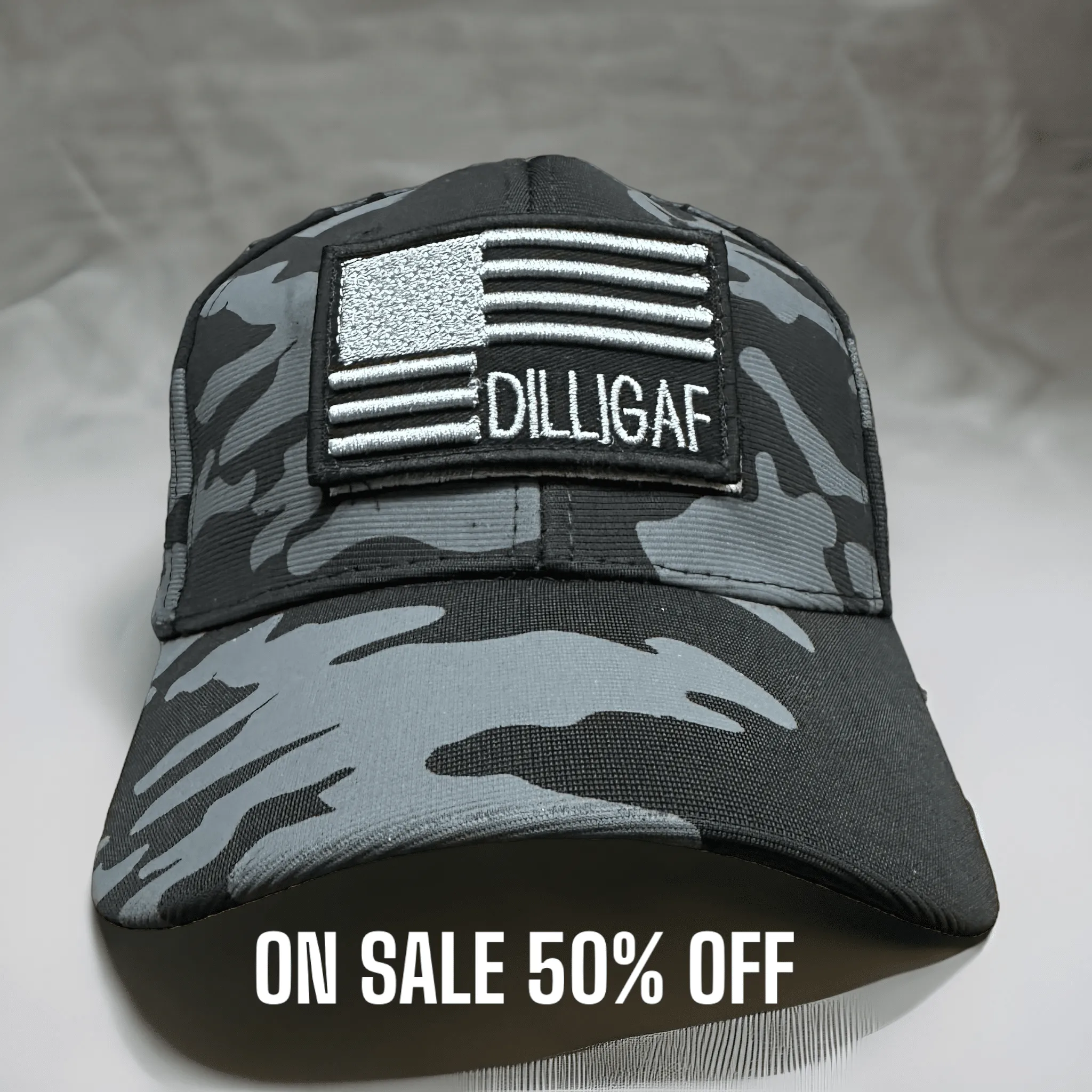 Black & Gray Camoflage Velcro Patch Dilligaf Hat