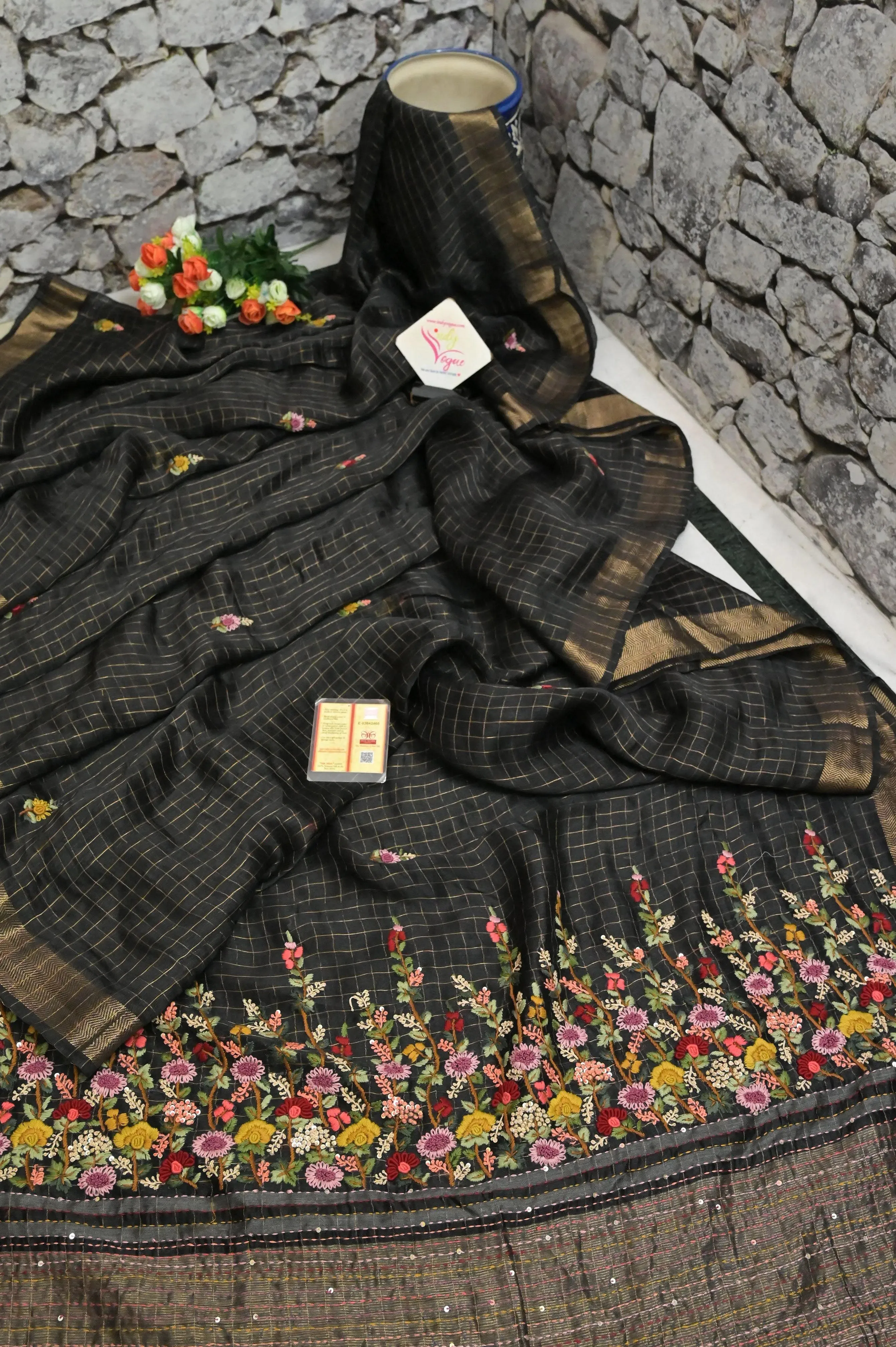 Black Color Pure Silk Linen with Zari Check with Hand Parsi and Kantha Embroidery