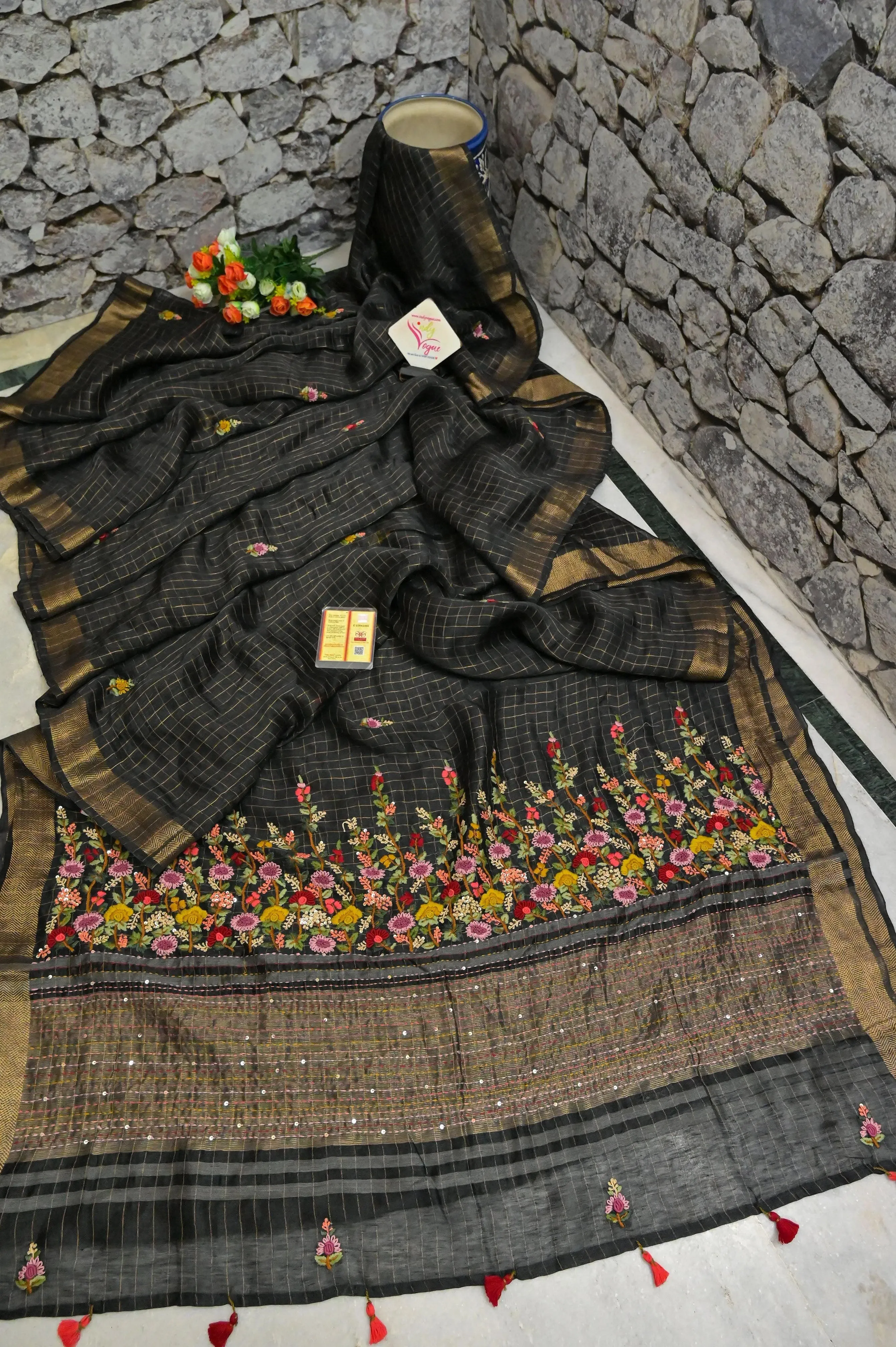 Black Color Pure Silk Linen with Zari Check with Hand Parsi and Kantha Embroidery