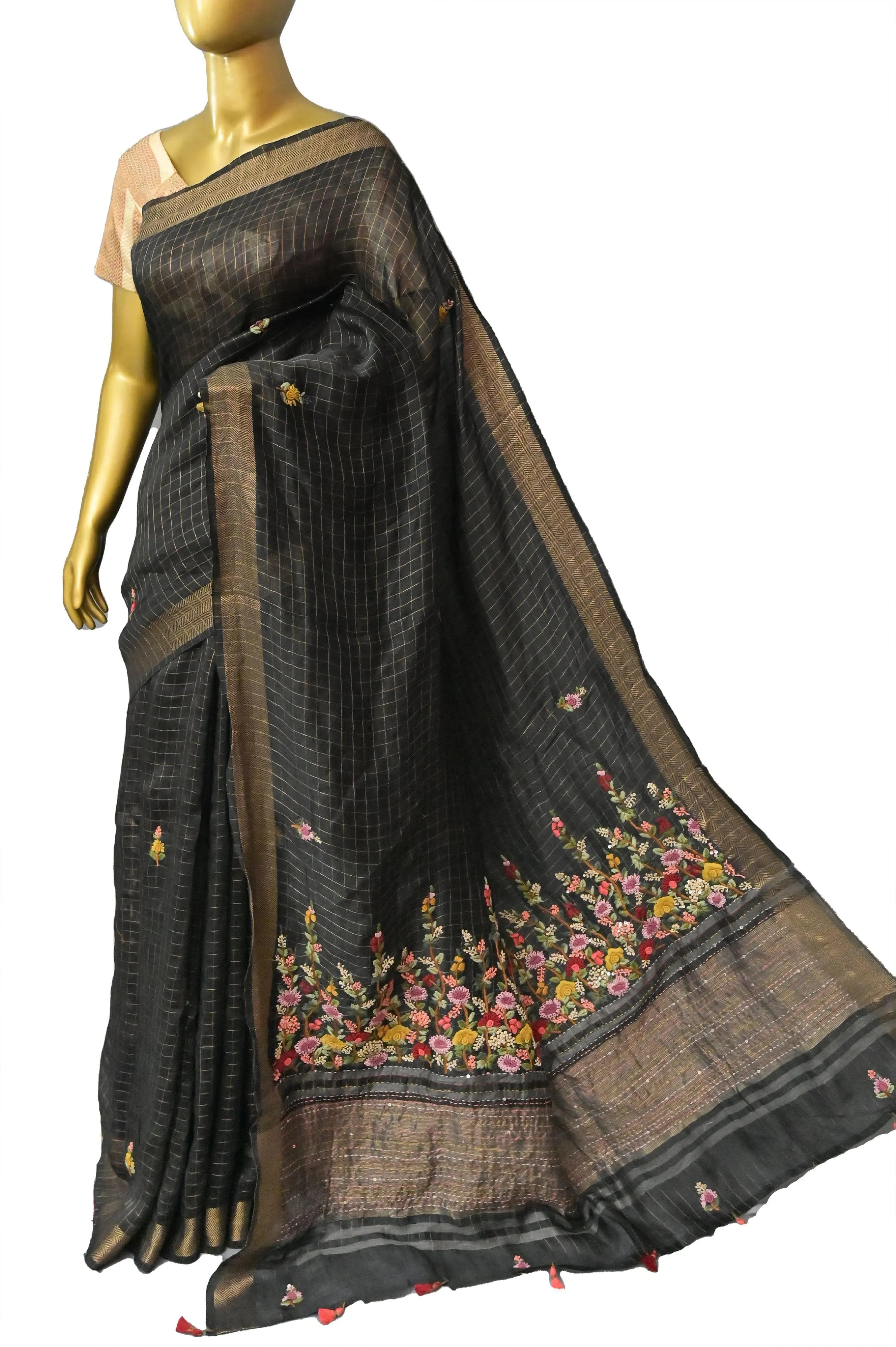 Black Color Pure Silk Linen with Zari Check with Hand Parsi and Kantha Embroidery