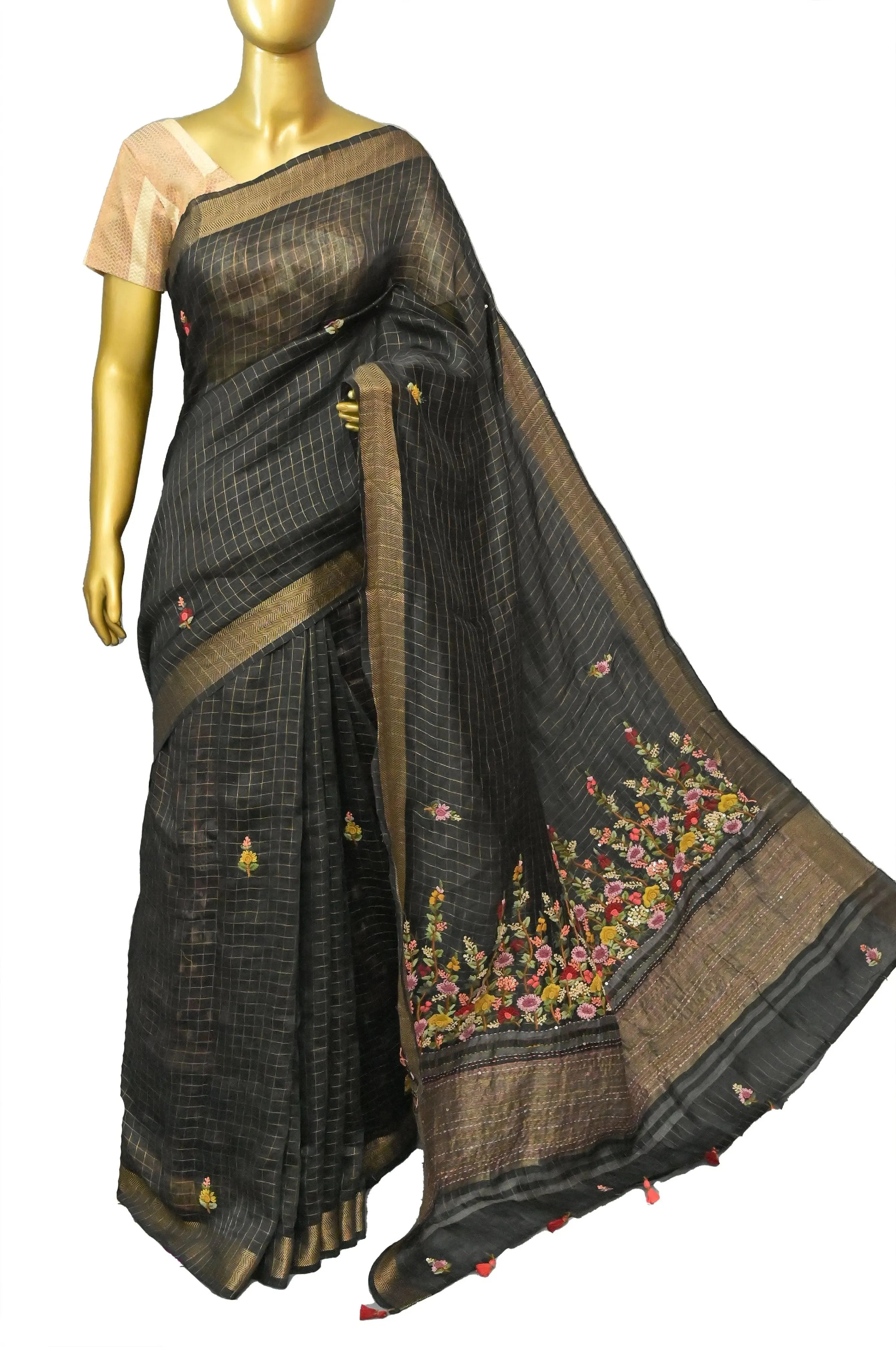 Black Color Pure Silk Linen with Zari Check with Hand Parsi and Kantha Embroidery