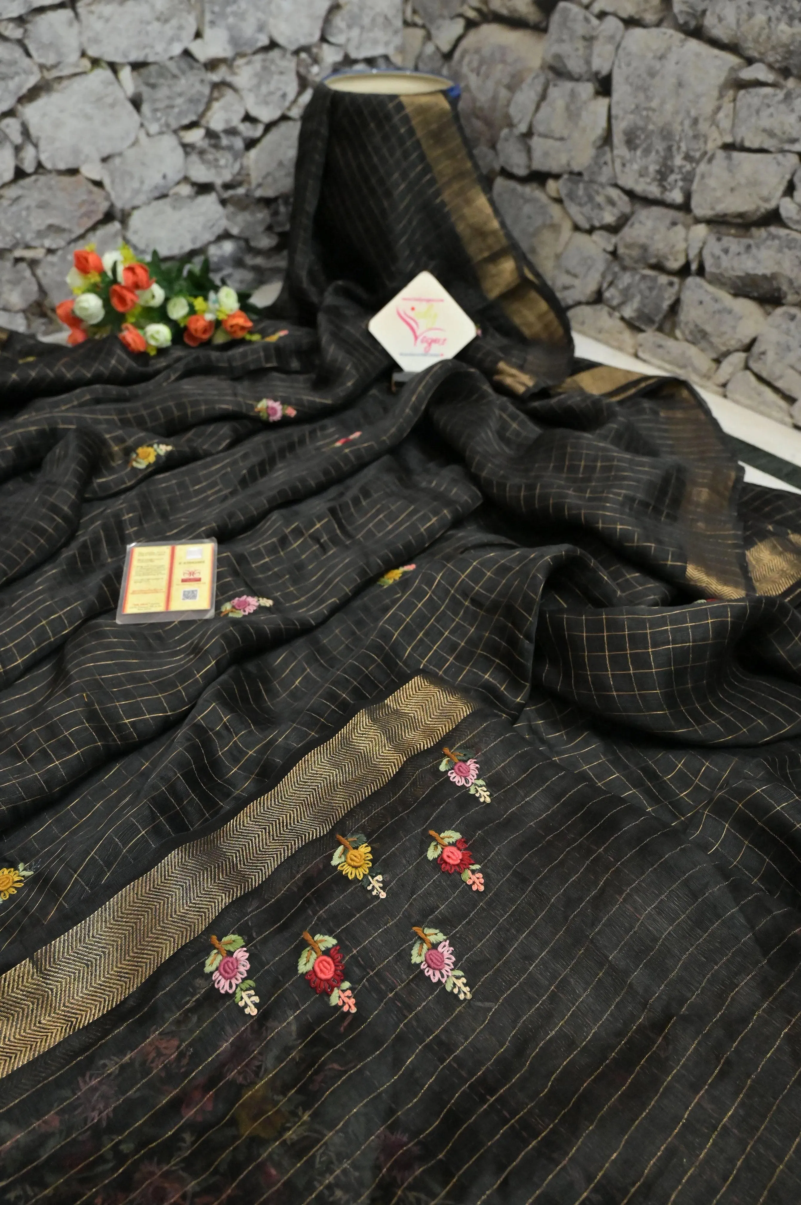 Black Color Pure Silk Linen with Zari Check with Hand Parsi and Kantha Embroidery