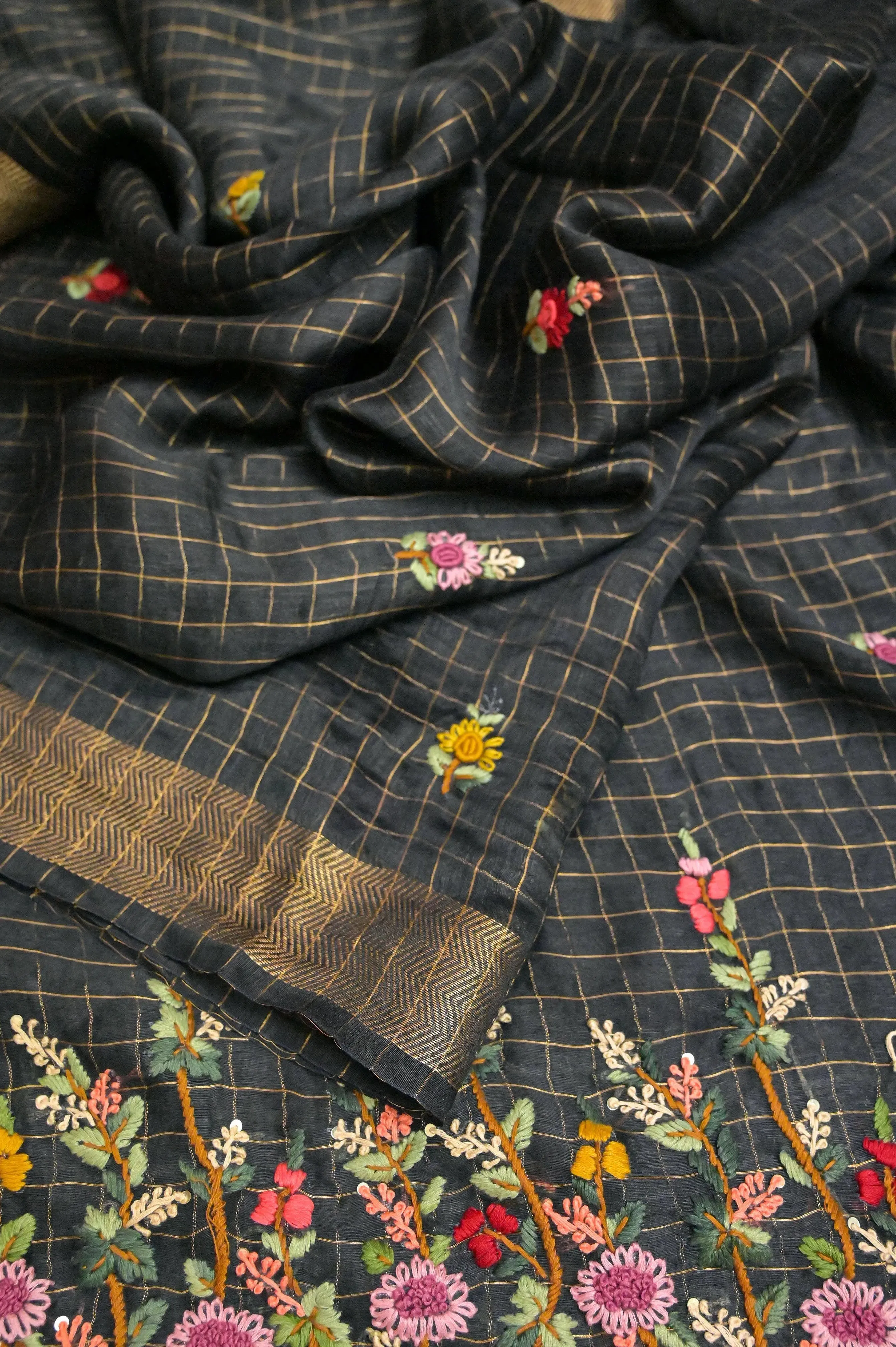 Black Color Pure Silk Linen with Zari Check with Hand Parsi and Kantha Embroidery