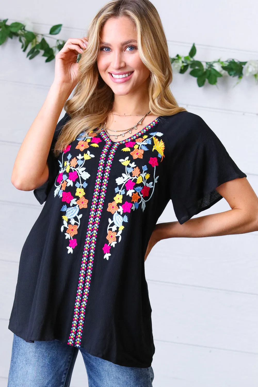 Black Floral Embroidered Flutter Sleeve Top