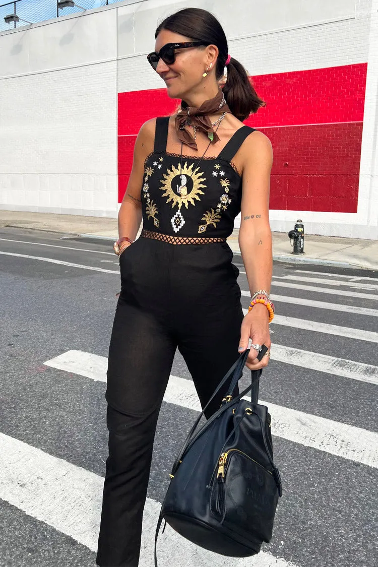 Black Leopard Embroidered Jumpsuit