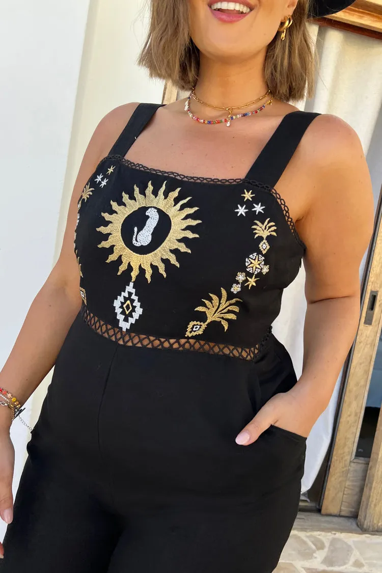 Black Leopard Embroidered Jumpsuit