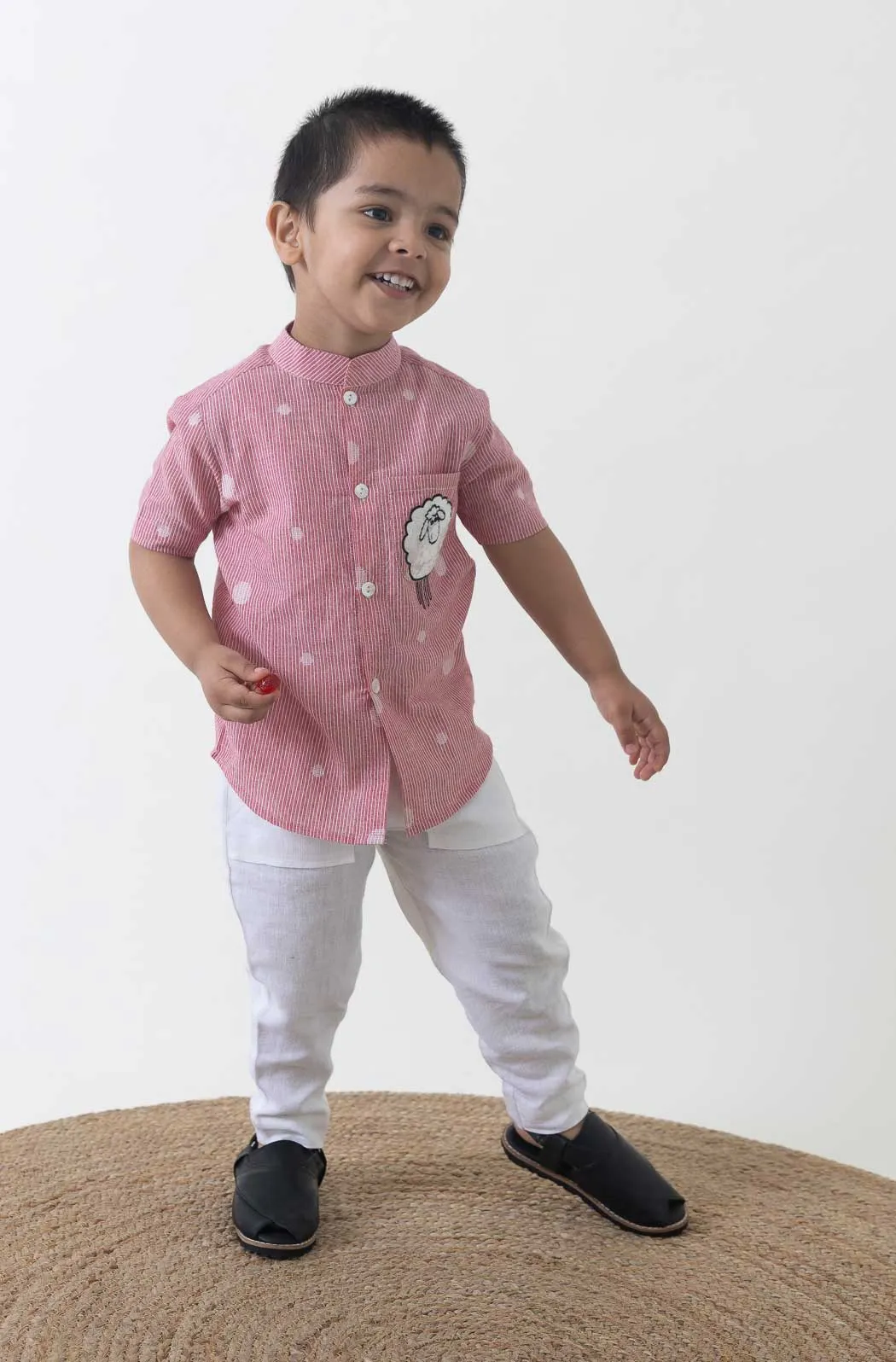 Boy Sheep Embroidered Cotton Shirt  - Pink