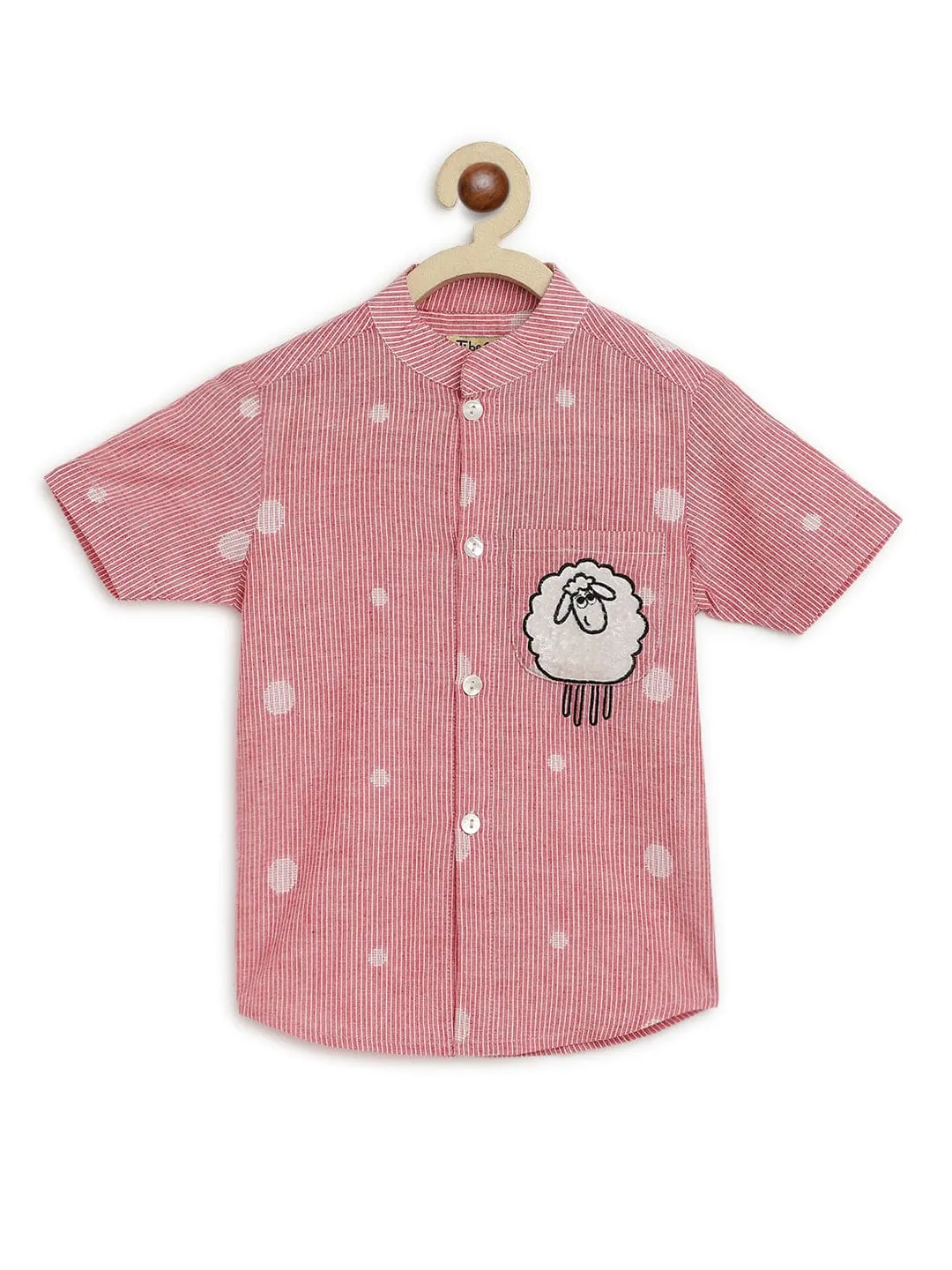 Boy Sheep Embroidered Cotton Shirt  - Pink