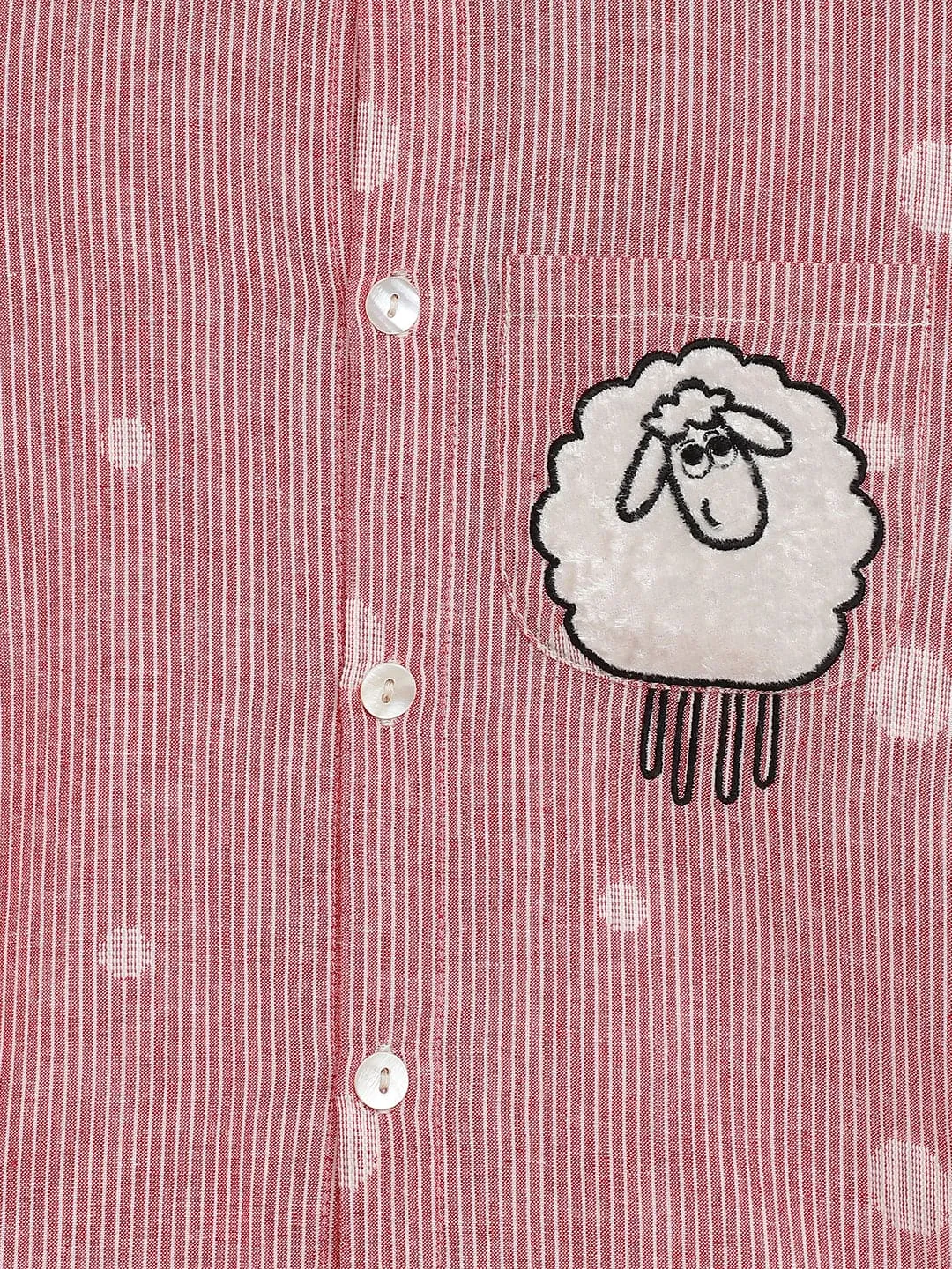 Boy Sheep Embroidered Cotton Shirt  - Pink