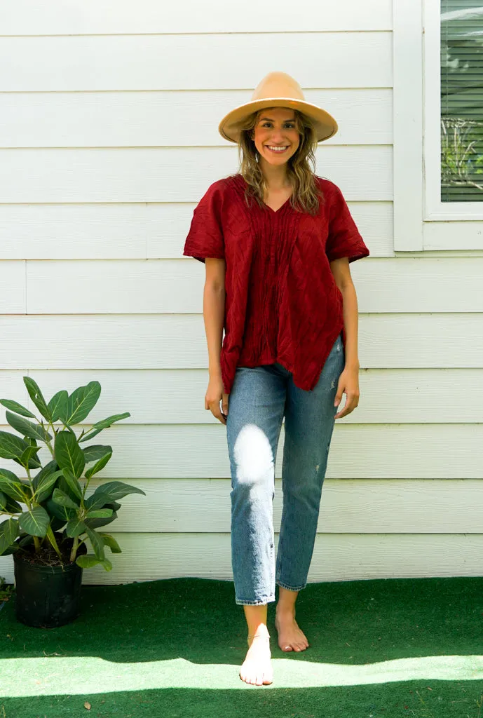 Burgundy Raw Natural Crinkled Cotton Gauze Blouse