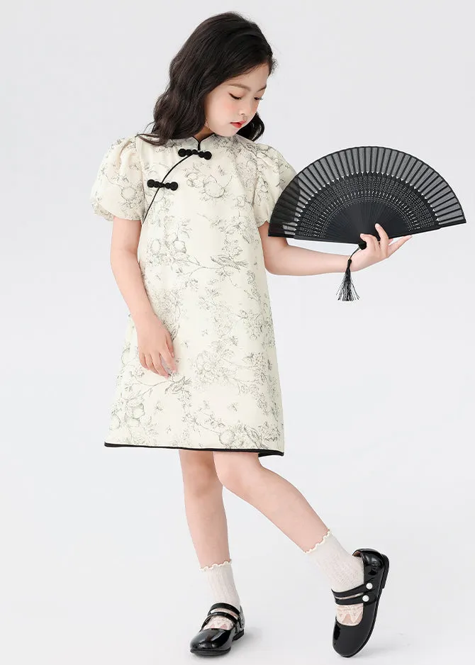 Chinese Style Beige Stand Collar Print Button Kids Mid Dress Short Sleeve MN024