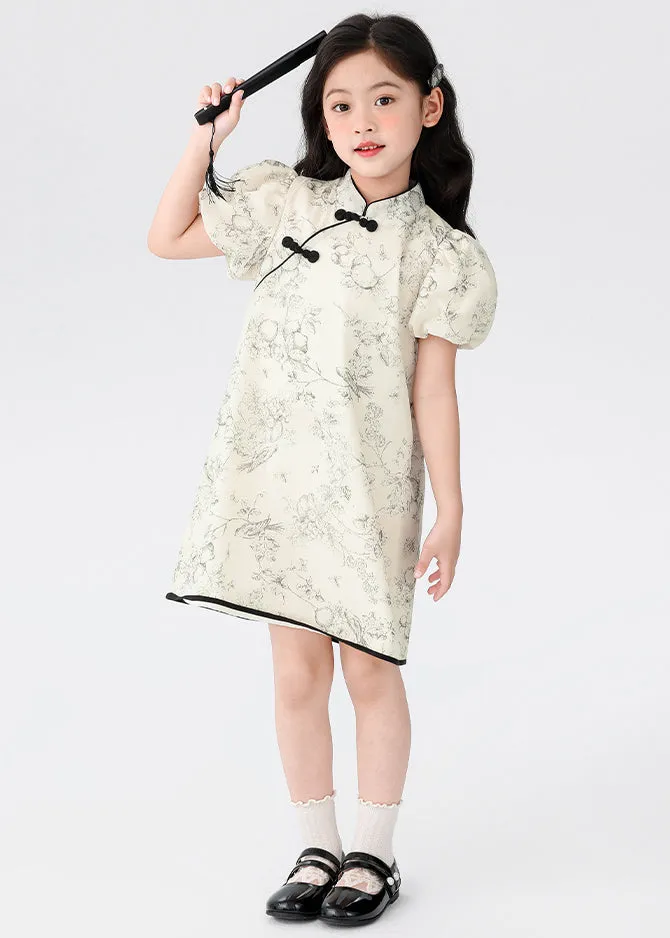 Chinese Style Beige Stand Collar Print Button Kids Mid Dress Short Sleeve MN024