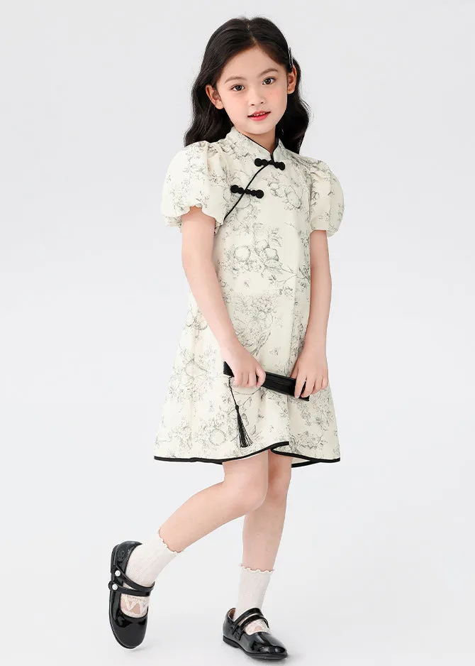 Chinese Style Beige Stand Collar Print Button Kids Mid Dress Short Sleeve MN024