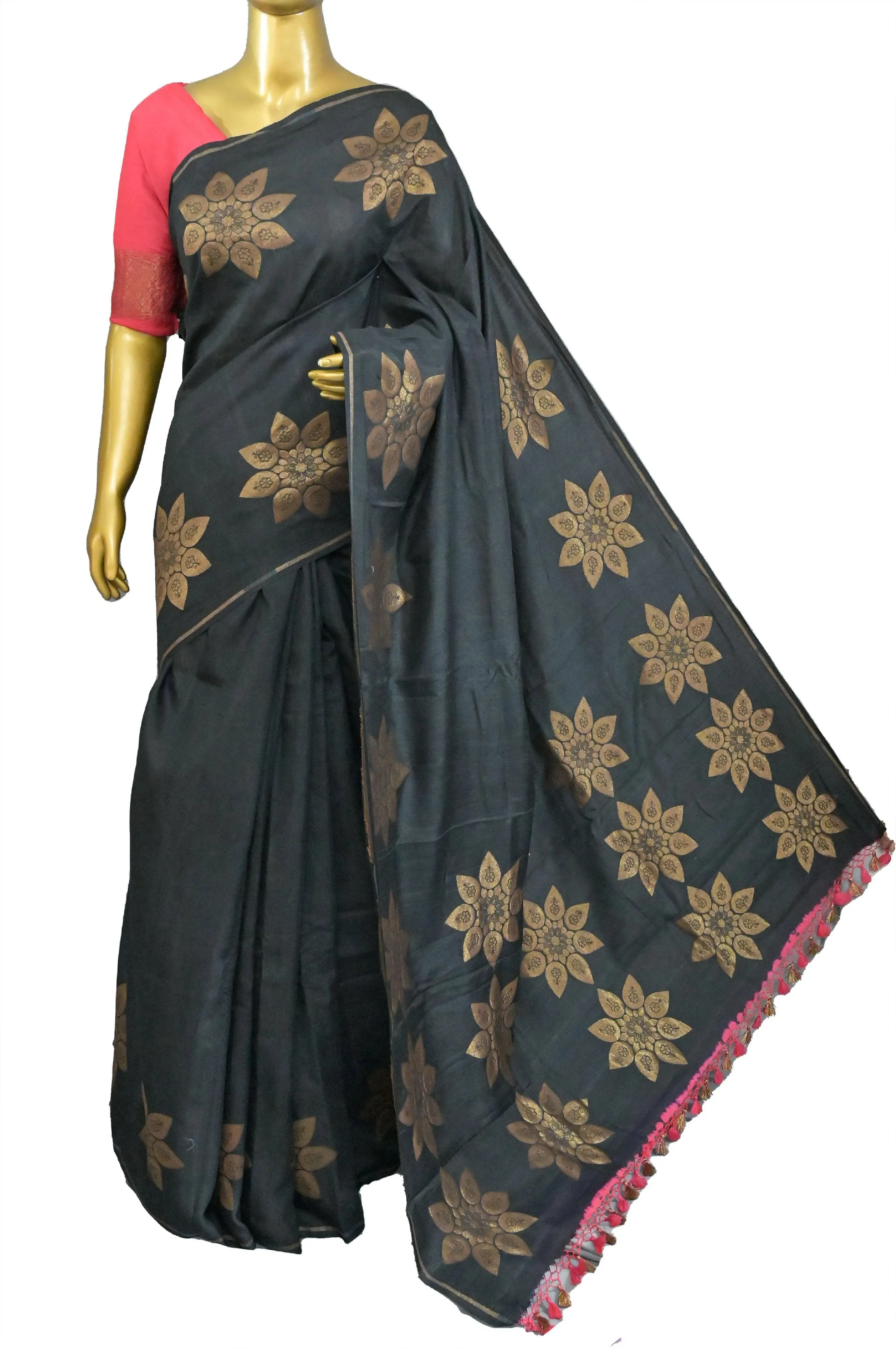 Coal Black Color Muga Banarasi Saree